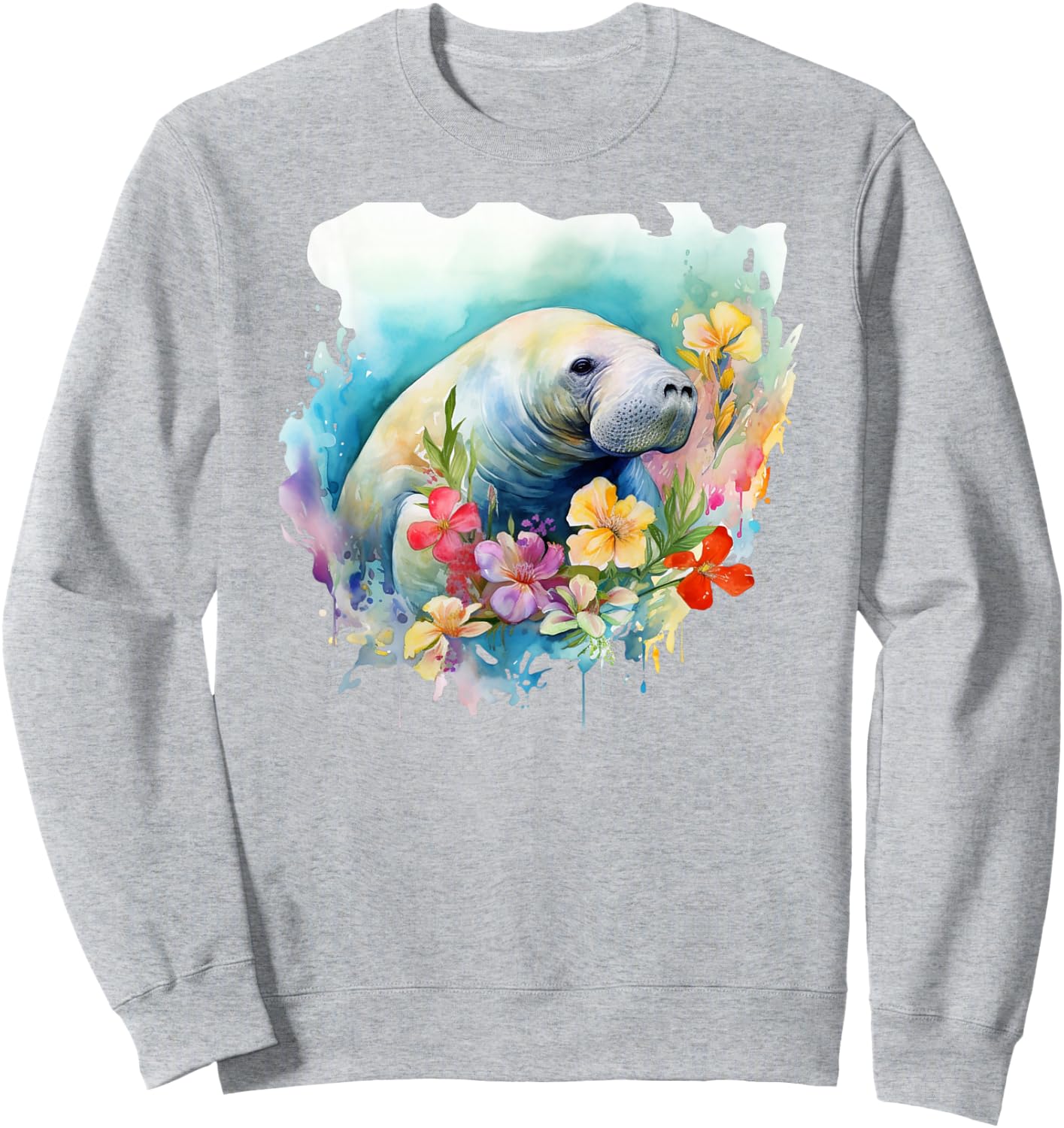 Manatee Floral Watercolor Painting Sweatshirt - Sweatshirt | Ash