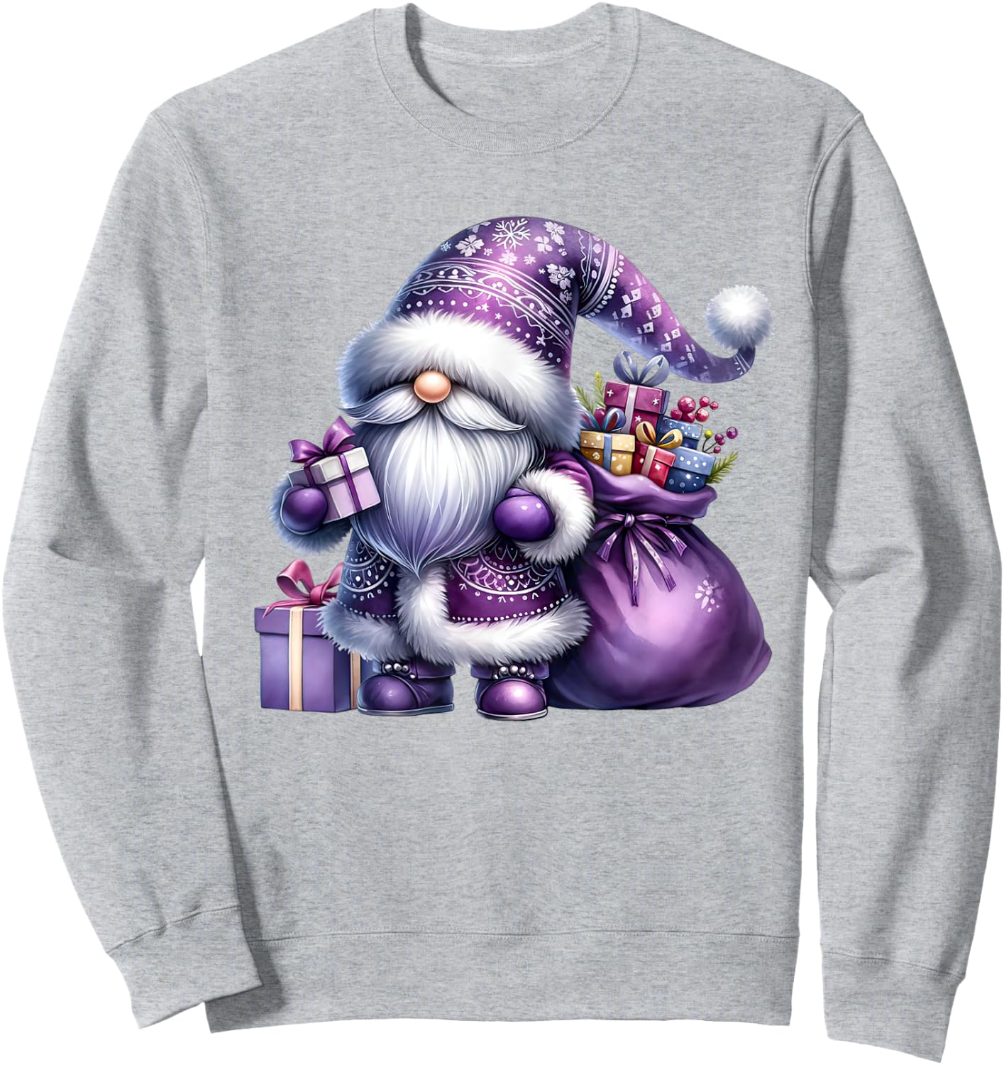 Purple Christmas Gnome With Santa Bag Men Xmas Sweatshirt - Sweatshirt | Ash
