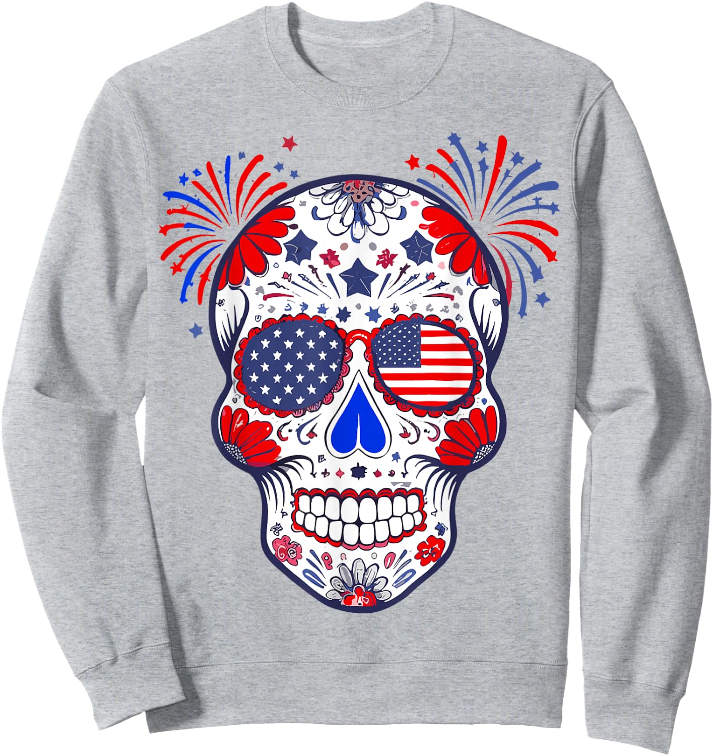 Sugar Skull Sunglasses USA Flag 4th of July Men Women Sweatshirt - Sweatshirt | Ash