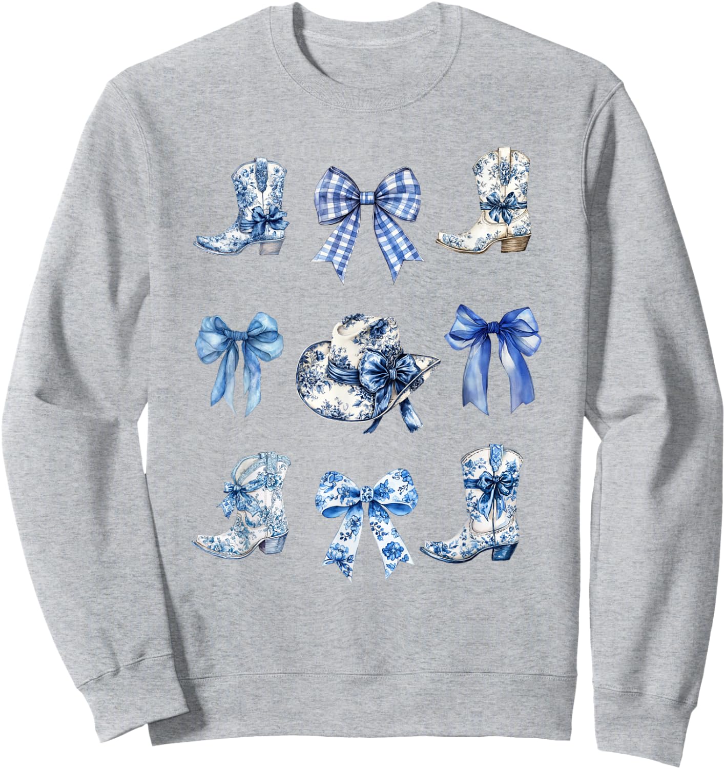 Toile Bow Shirt Blue Coquette Bow Cowboy Cowboy Hat Boots Sweatshirt - Sweatshirt | Ash