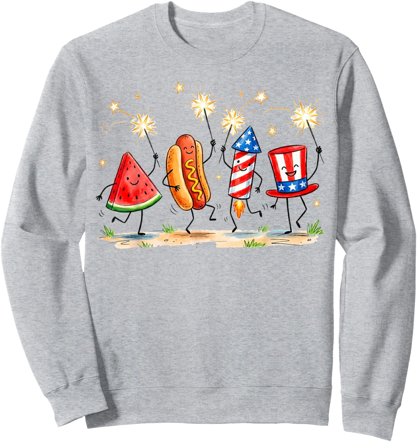Patriotic Watermelon Hotdog Firework Cute Meme 4th of July Sweatshirt - Sweatshirt | Ash