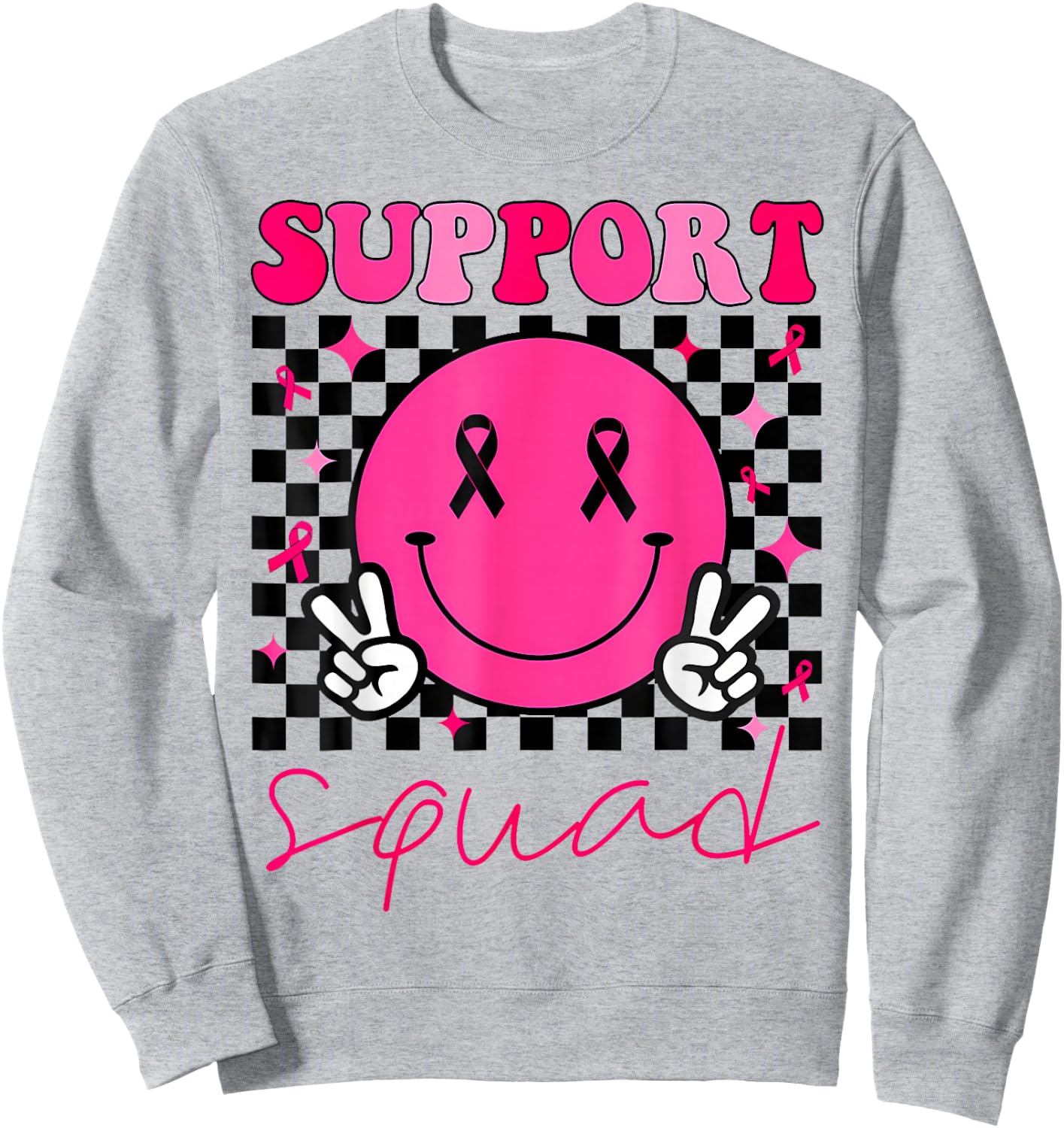 Groovy Breast Cancer Awareness Men Women Kids Support Squad Sweatshirt - Sweatshirt | Ash