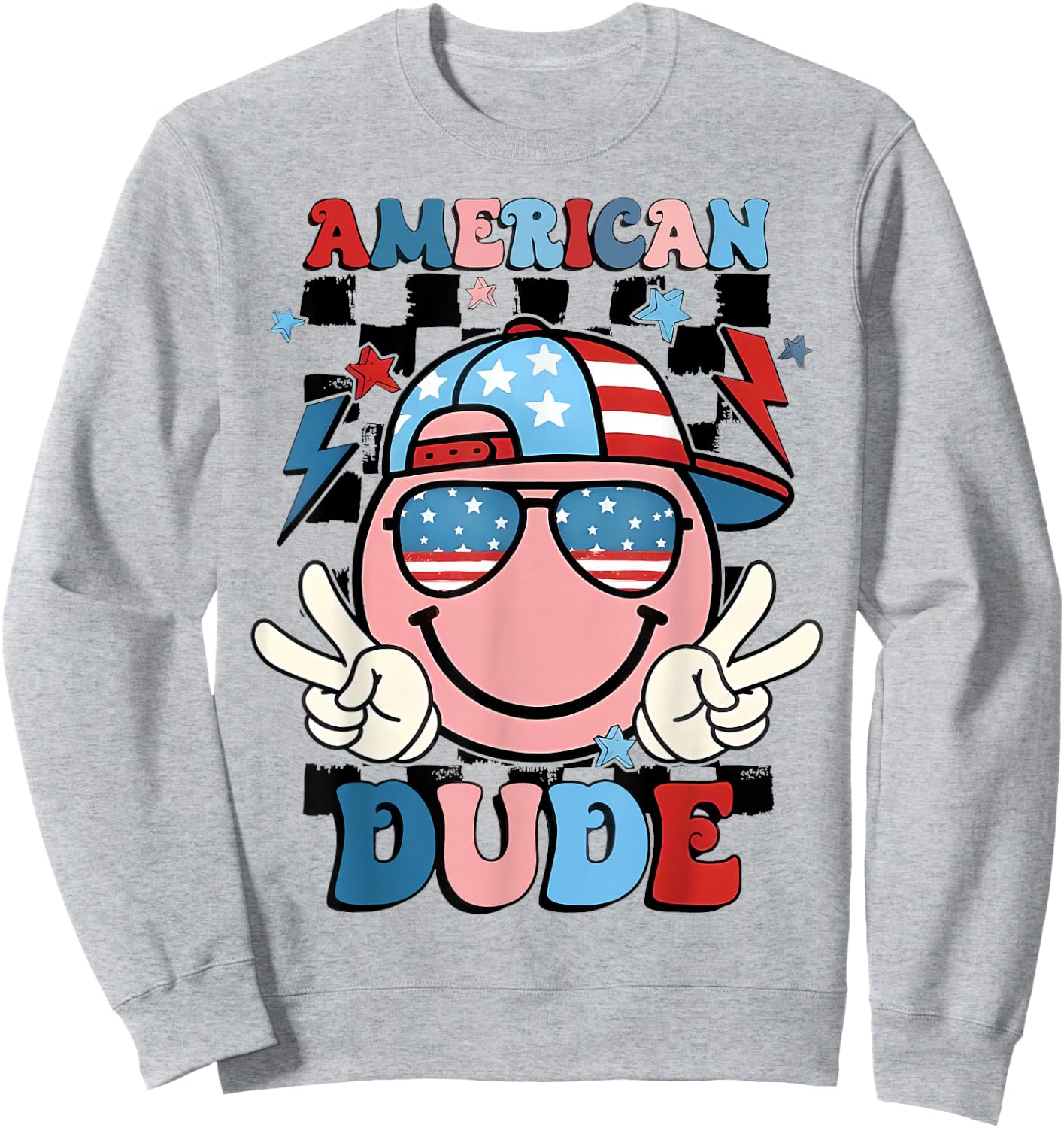 Checkered American Dude US Flag Cap Boy 4th of July Sweatshirt - Sweatshirt | Ash