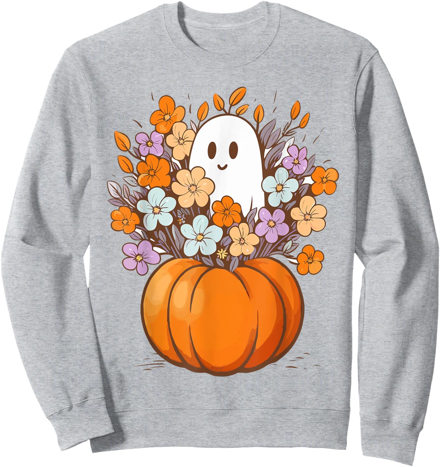 Floral Ghost Halloween Costume Aesthetic Ghost Pumpkin Fall Sweatshirt - Sweatshirt | Ash