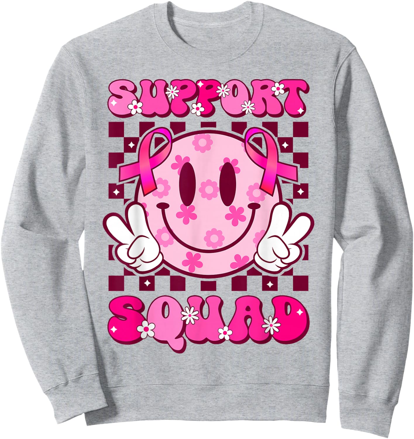 Groovy Smile Face Pink Ribbon Support Squad Breast Cancer Sweatshirt - Sweatshirt | Ash