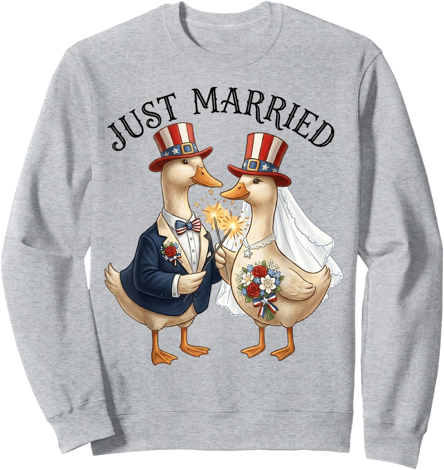 Just Married Patriotic Duck Couple Funny 4th of July Brided Sweatshirt - Sweatshirt | Ash