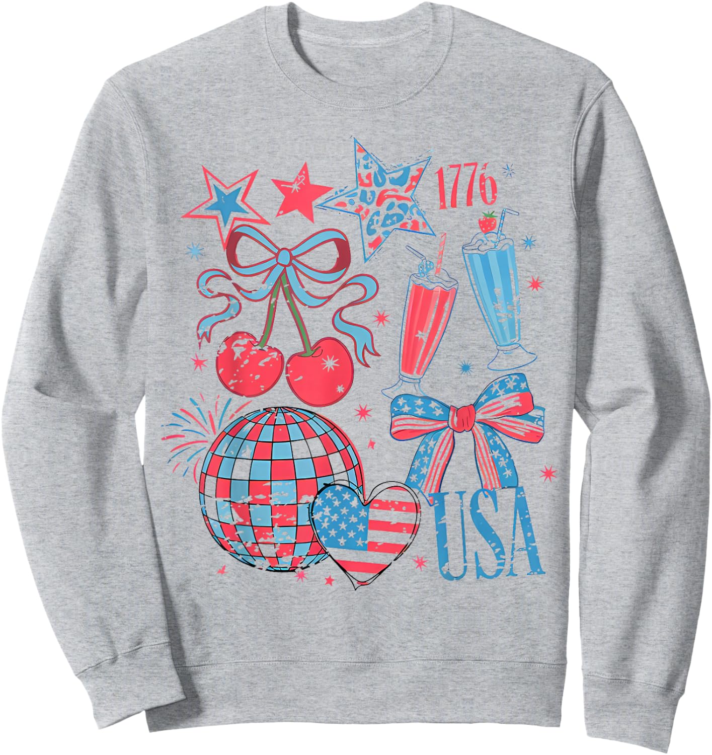 Retro USA Coquette Cherry Bow 4th of July American Girl Sweatshirt - Sweatshirt | Ash