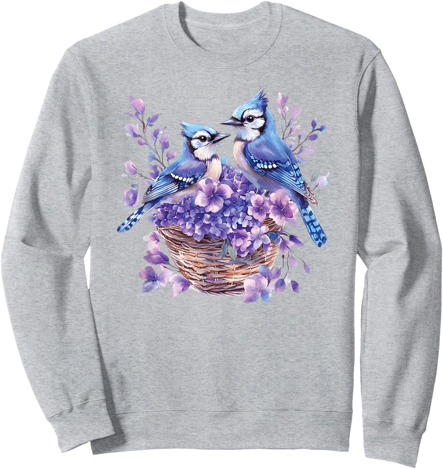 Couple Blue Jay Birds In A Basket With Flowers,Vibrant Color Sweatshirt - Sweatshirt | Ash