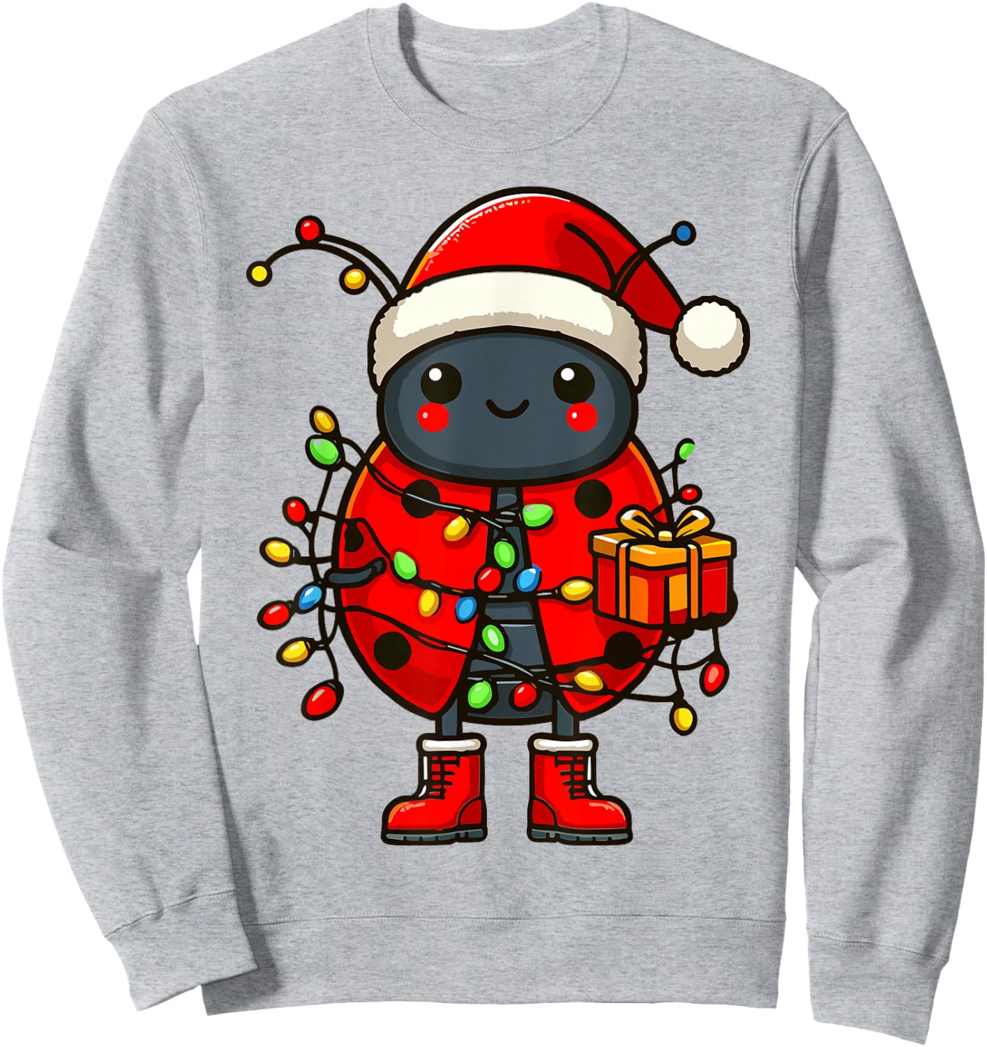 Ladybug Wearing Santa Hat, Holding A Present Box Xmas Sweatshirt - Sweatshirt | Ash