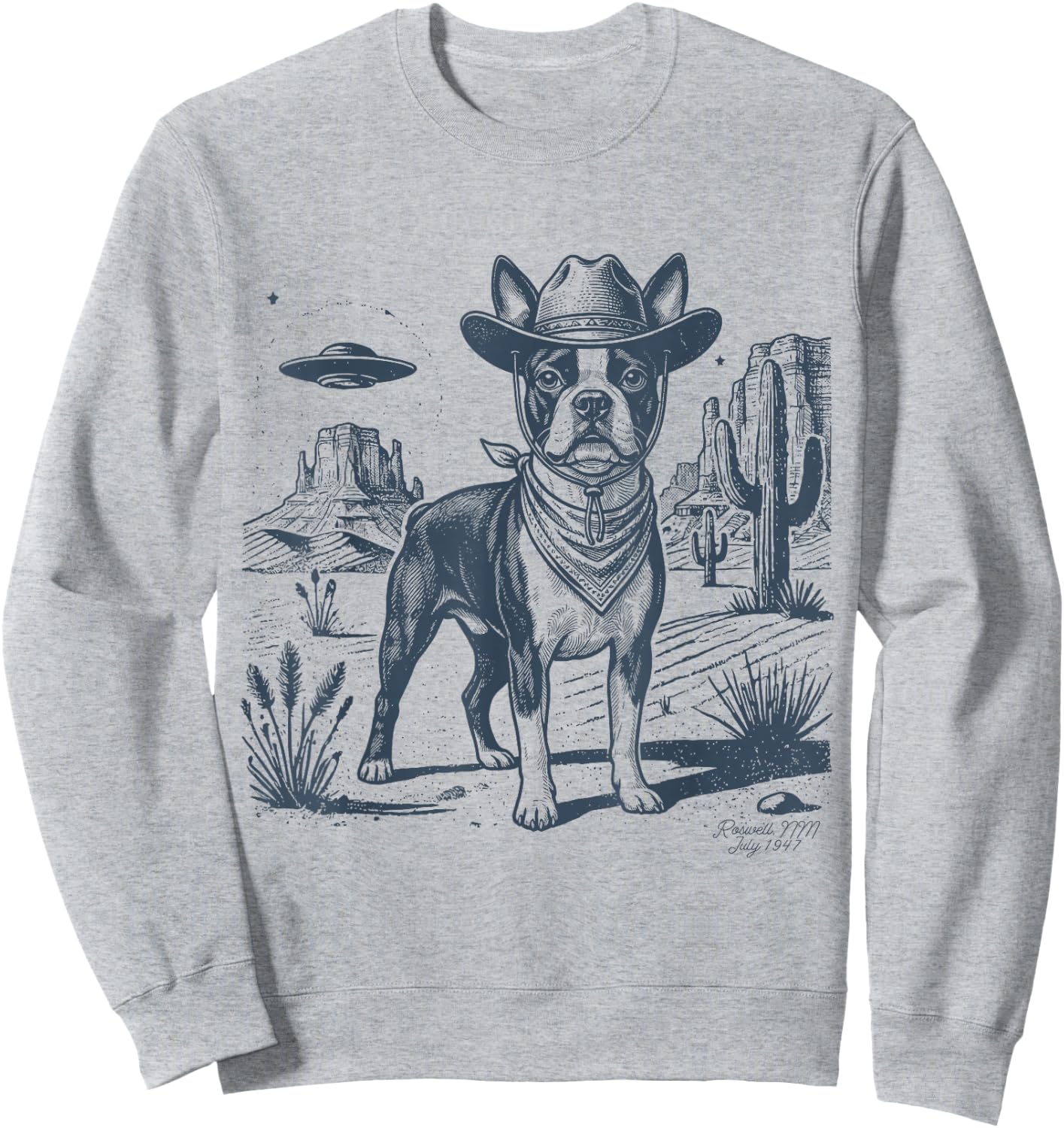 Vintage Alien UFO Western Cowboy Boston Terrier Dog Desert Sweatshirt - Sweatshirt | Ash