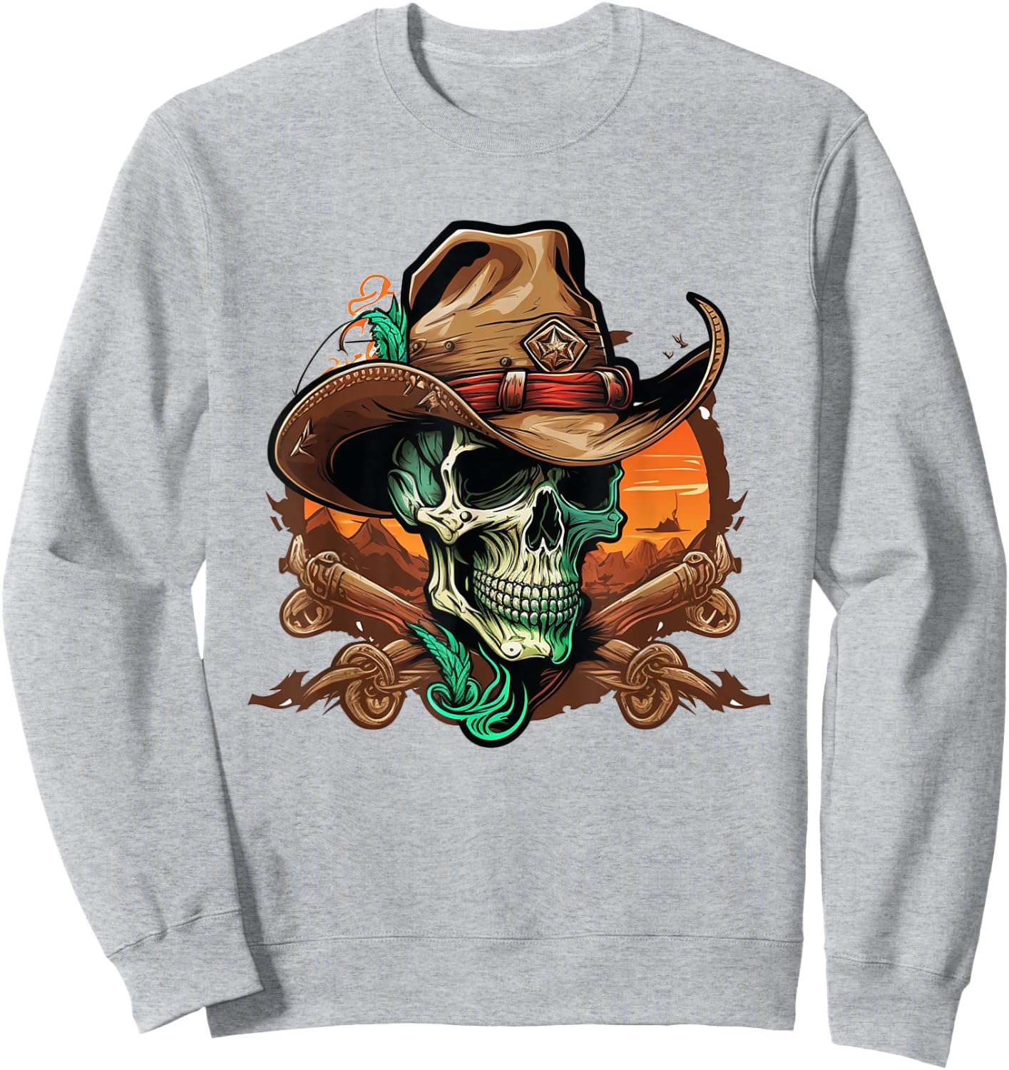 Skull Wearing Cowboy Hat Skeleton Sweatshirt - Sweatshirt | Ash
