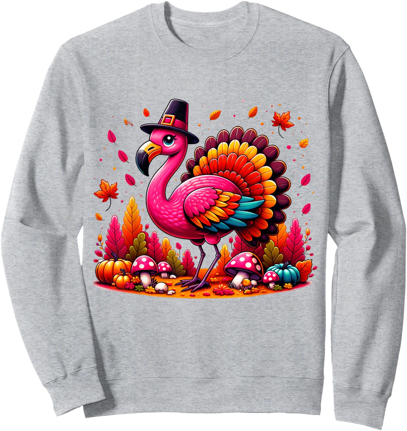 Flamingo Turkey Cute Flamingo Turkey Fall Leaf Thanksgiving Sweatshirt - Sweatshirt | Ash