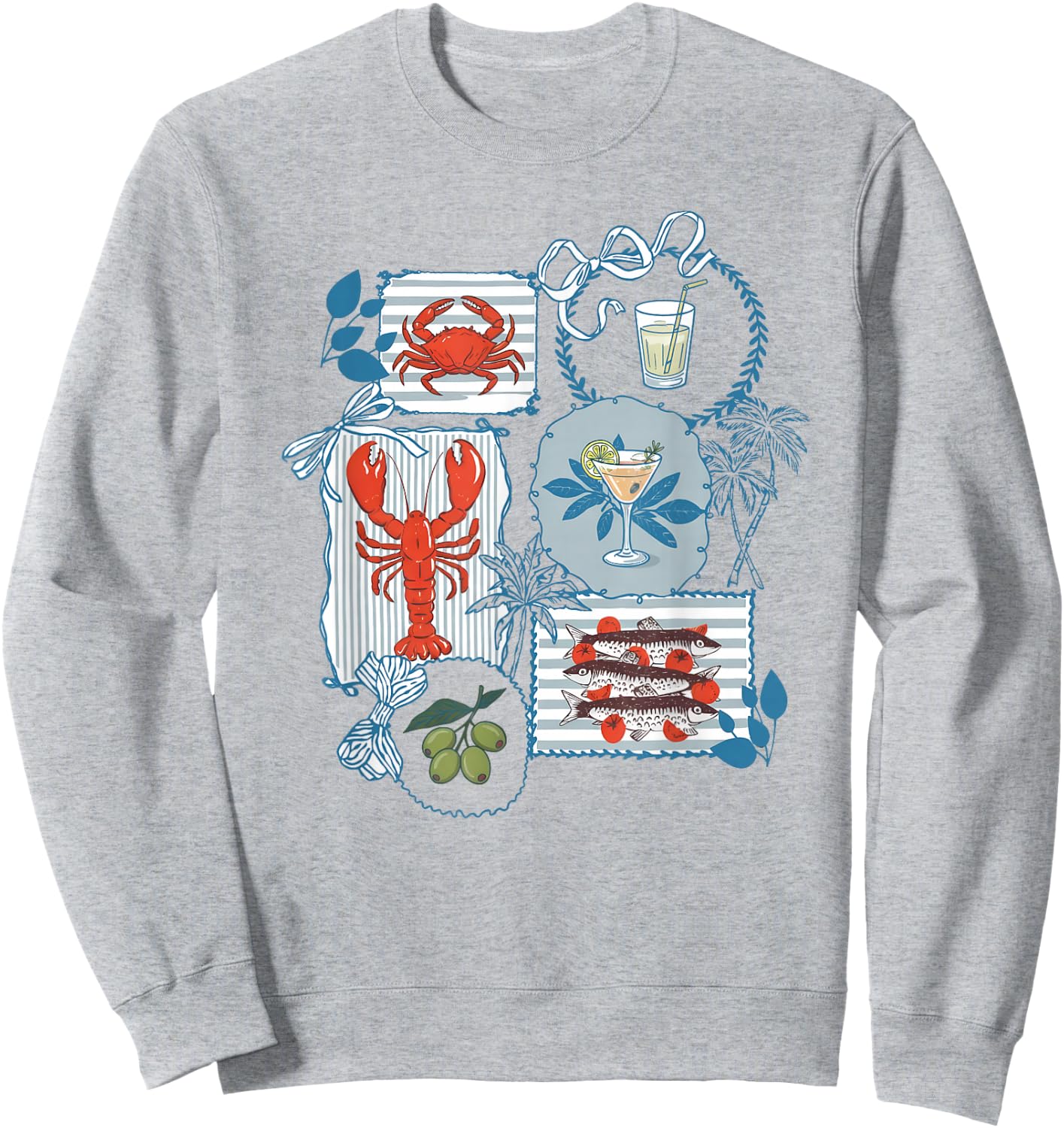 Aesthetic Italian Summer Coastal Chic Lobster Crab Sardines Sweatshirt - Sweatshirt | Ash
