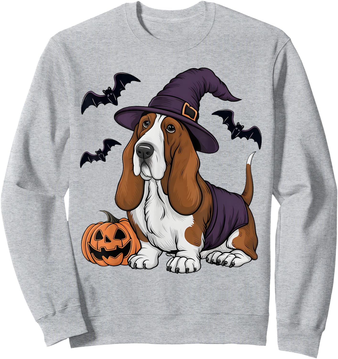 Pumpkin Bat Witch Costume Basset Hound Dog Halloween Sweatshirt - Sweatshirt | Ash