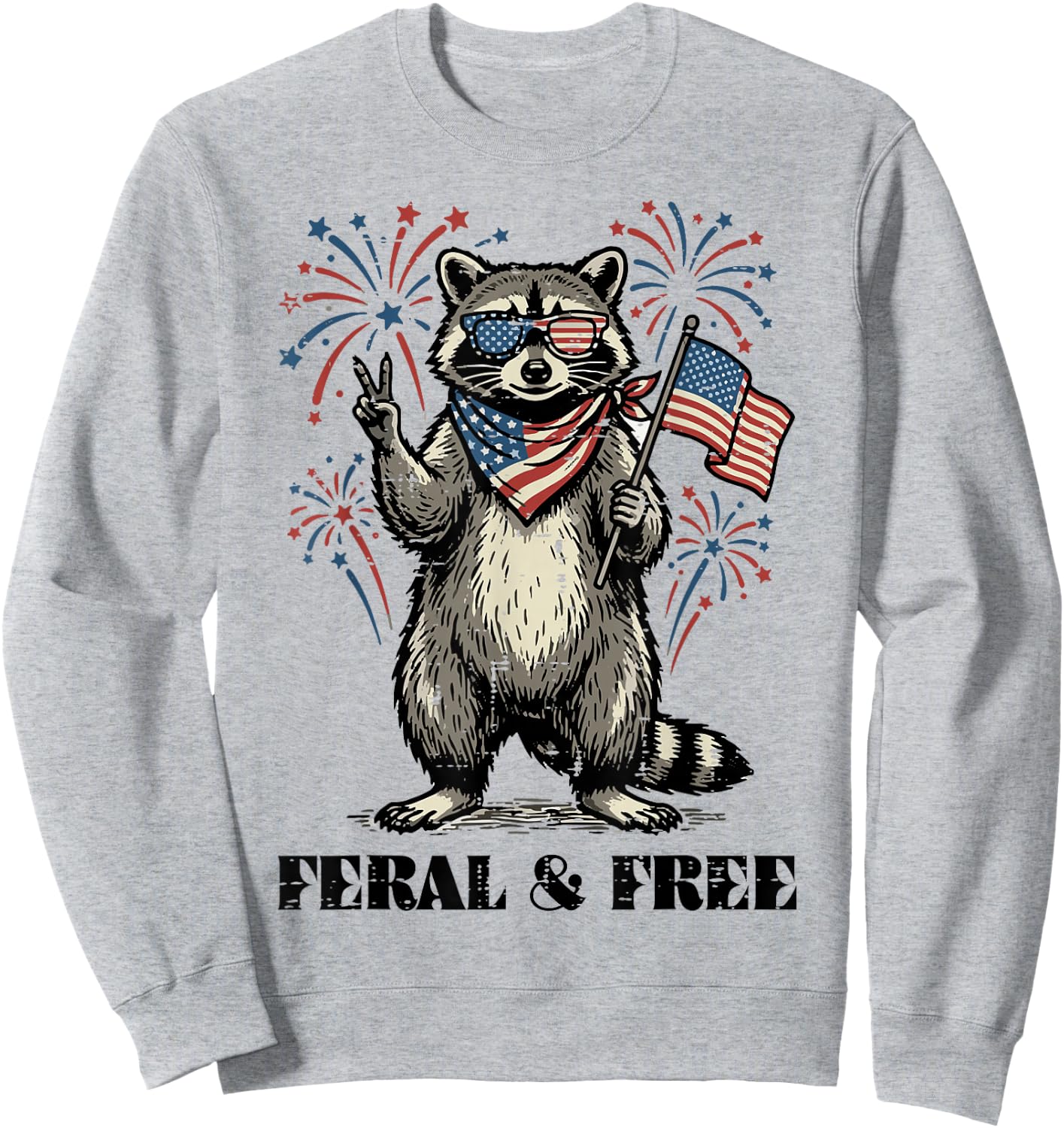 Raccoon Feral and Free US Flag 4th of July Men Women Kids Sweatshirt - Sweatshirt | Ash