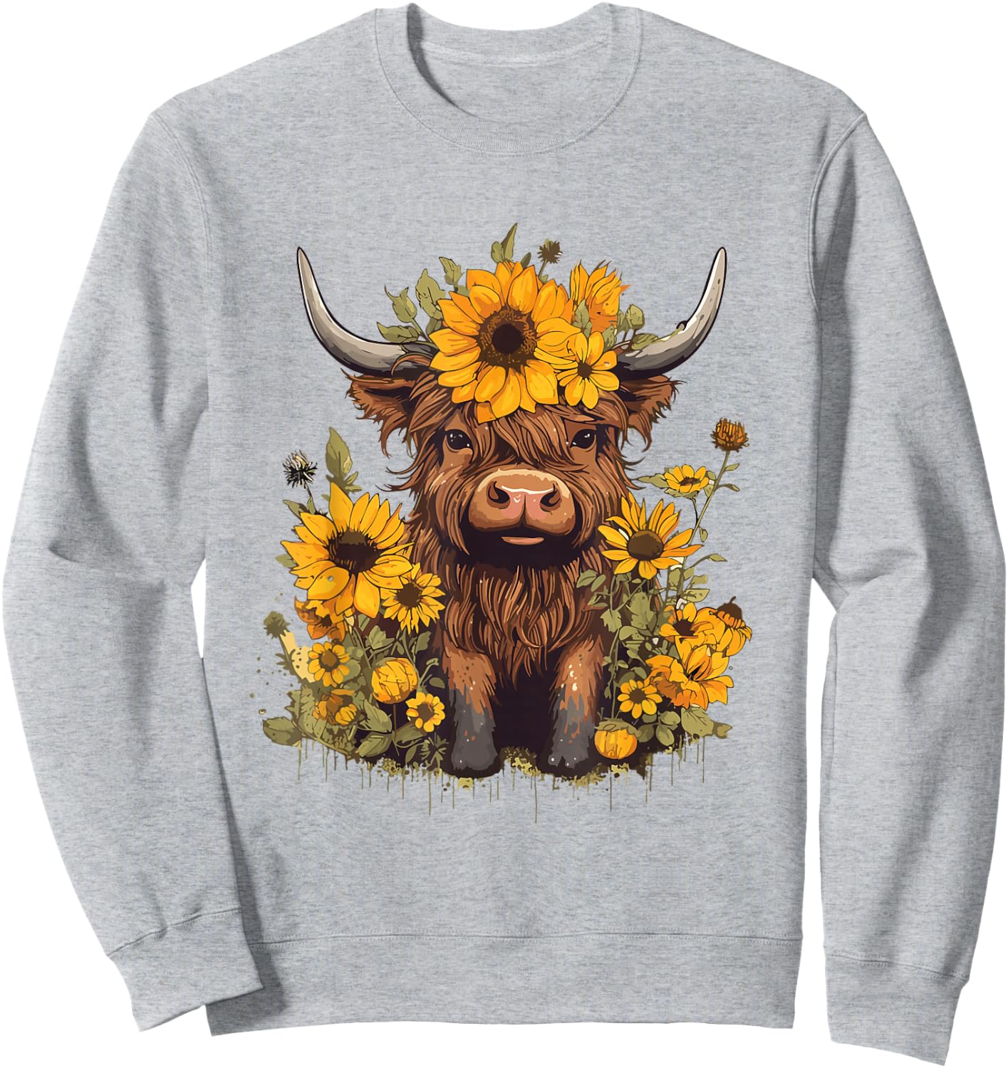 Scottish Highland Cow Sunflowers Heifer Country Farmer Girl Sweatshirt - Sweatshirt | Ash