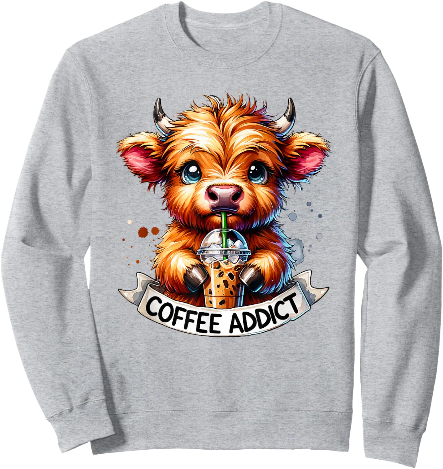 Cute Highland Cow Coffee Addict Sweatshirt - Sweatshirt | Ash