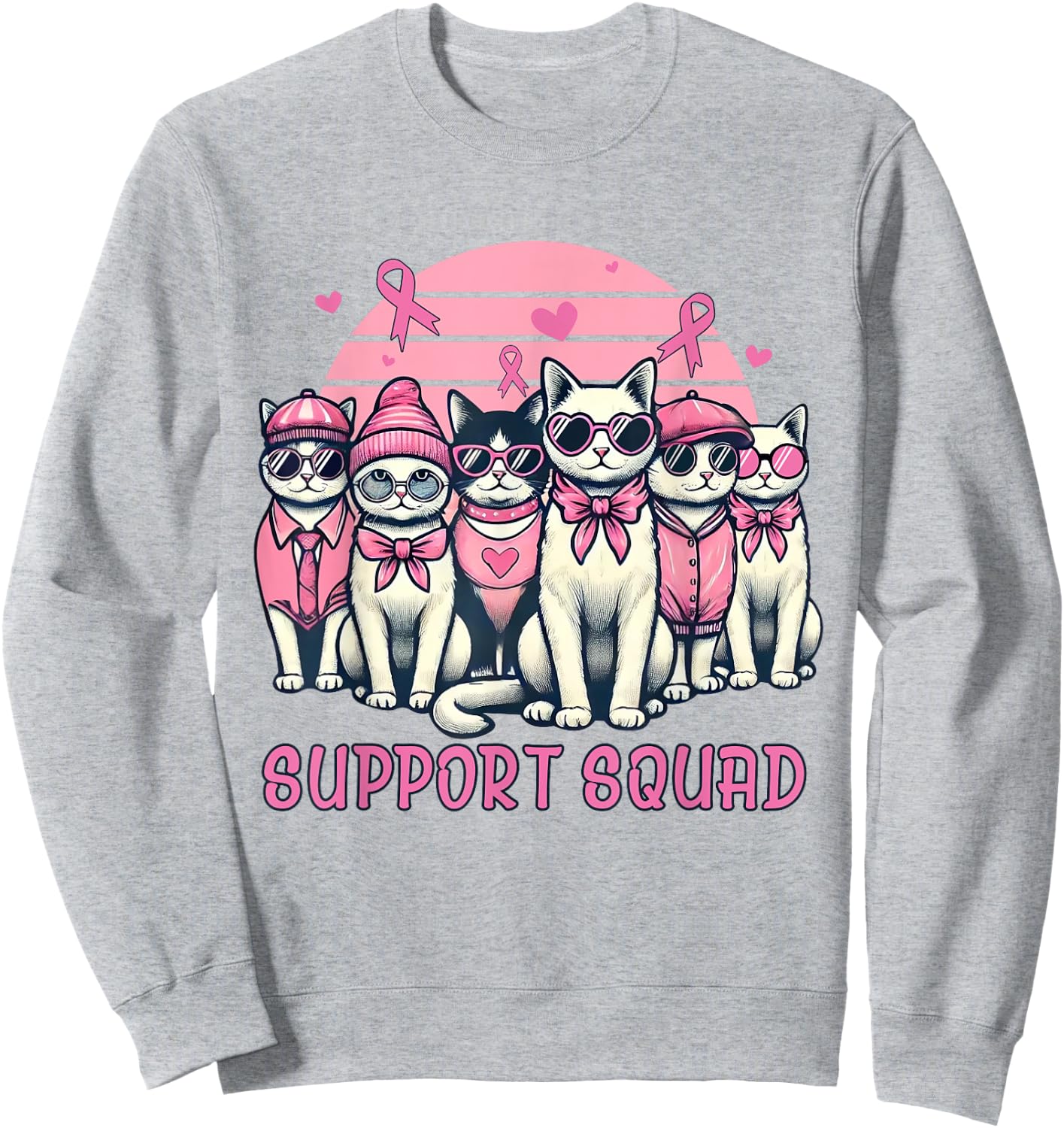 Support Squad Breast Cancer Women Cat Lover Pink Ribbon Sweatshirt - Sweatshirt | Ash