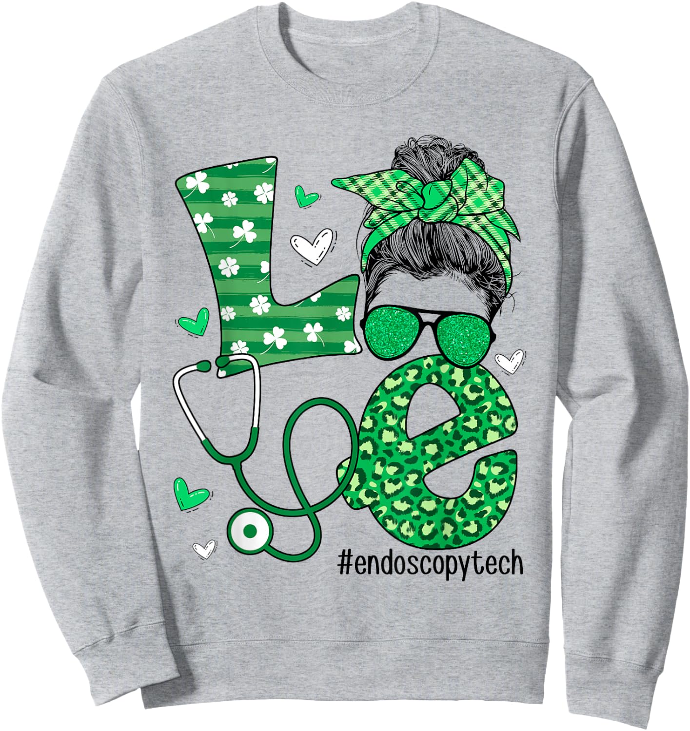 St Patrick's Day Shamrock Love Endoscopy Tech Life Messy Bun Sweatshirt - Sweatshirt | Ash