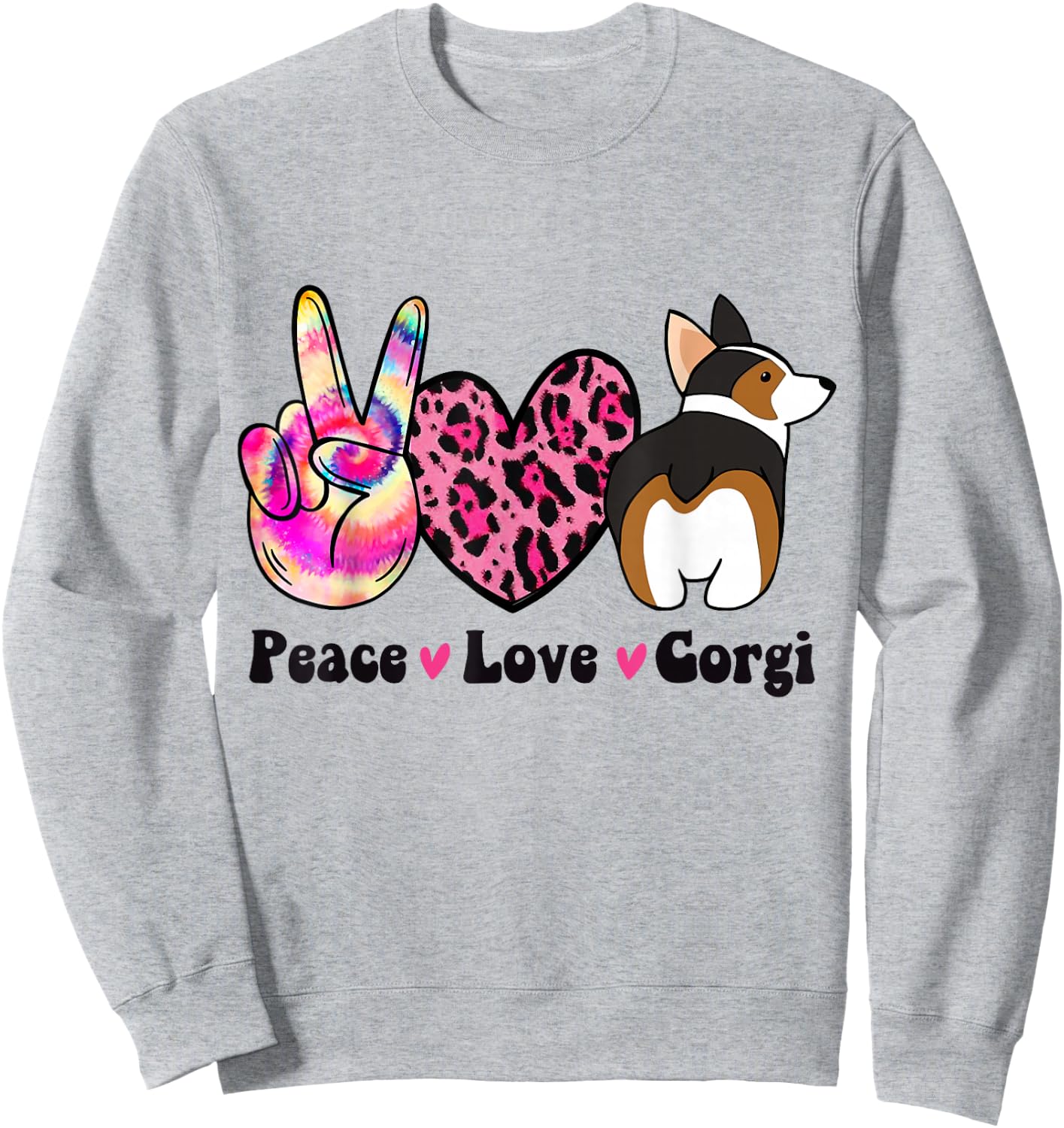 Tie Dye Peace Love Leopard Print Tricolor Corgi Dog Lover Sweatshirt - Sweatshirt | Ash