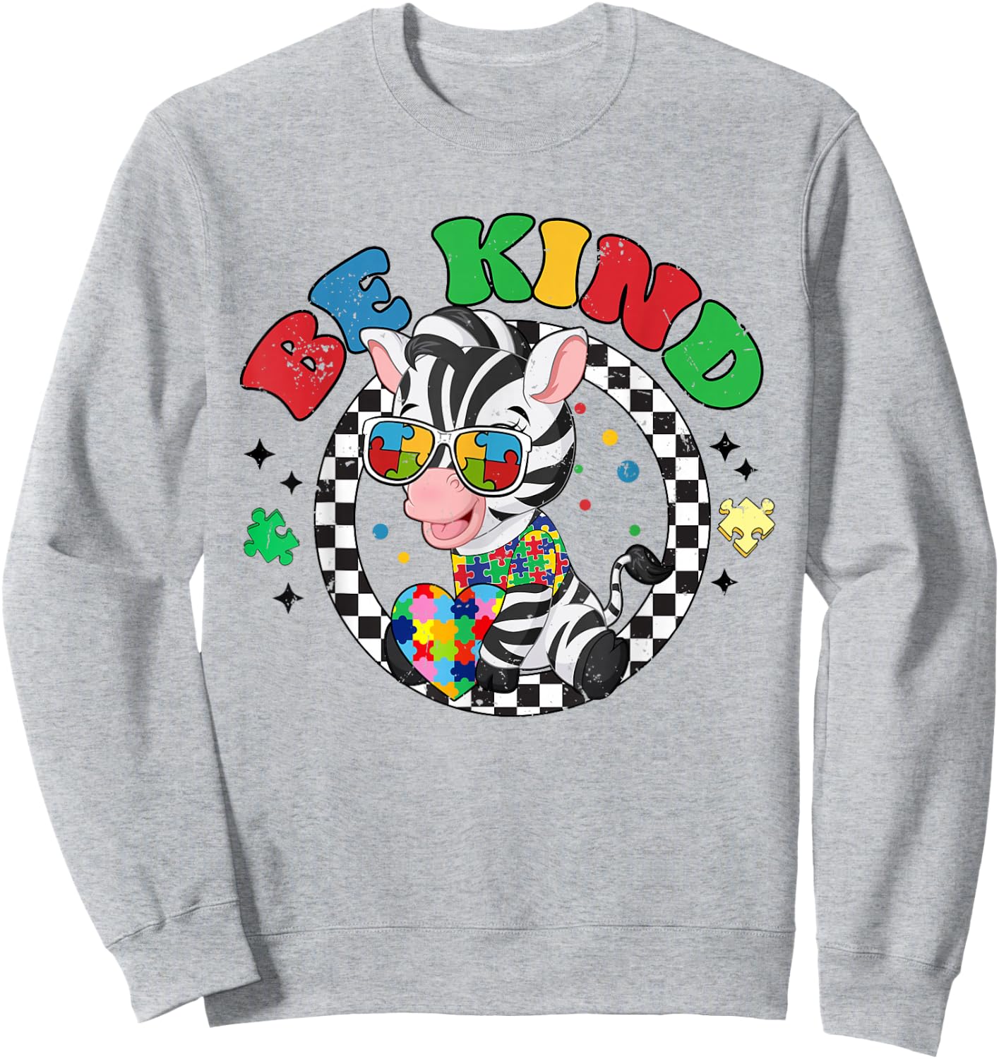 Retro Groovy Be Kind Zebra Sunglasses Autism Awareness Sweatshirt - Sweatshirt | Ash