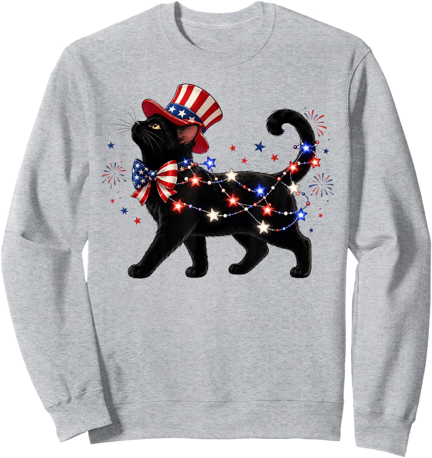 Patriotic Black Cat and Fireworks 4th of July Cat Lovers Sweatshirt - Sweatshirt | Ash