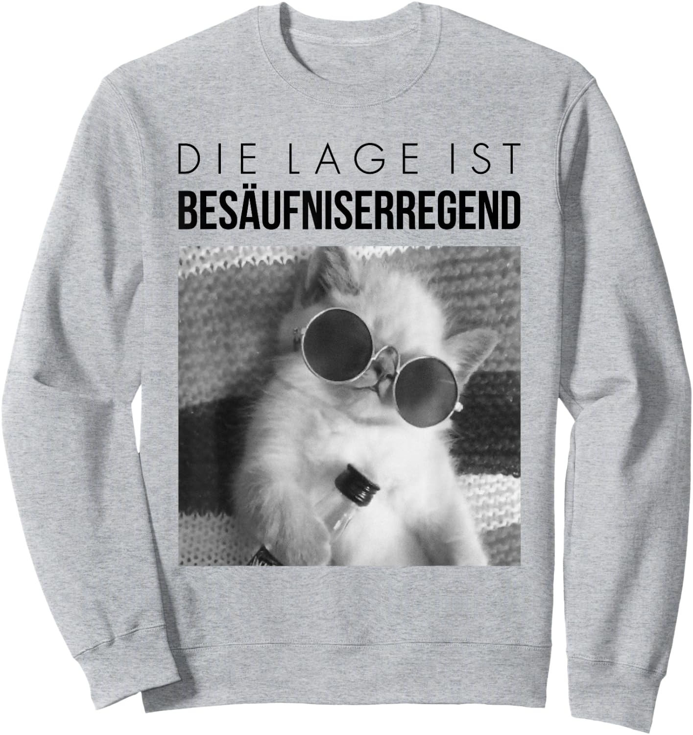Fun with German Text "Die Lage ist besäufniserregend". Drunk Cat, White Sweatshirt - Sweatshirt | Ash