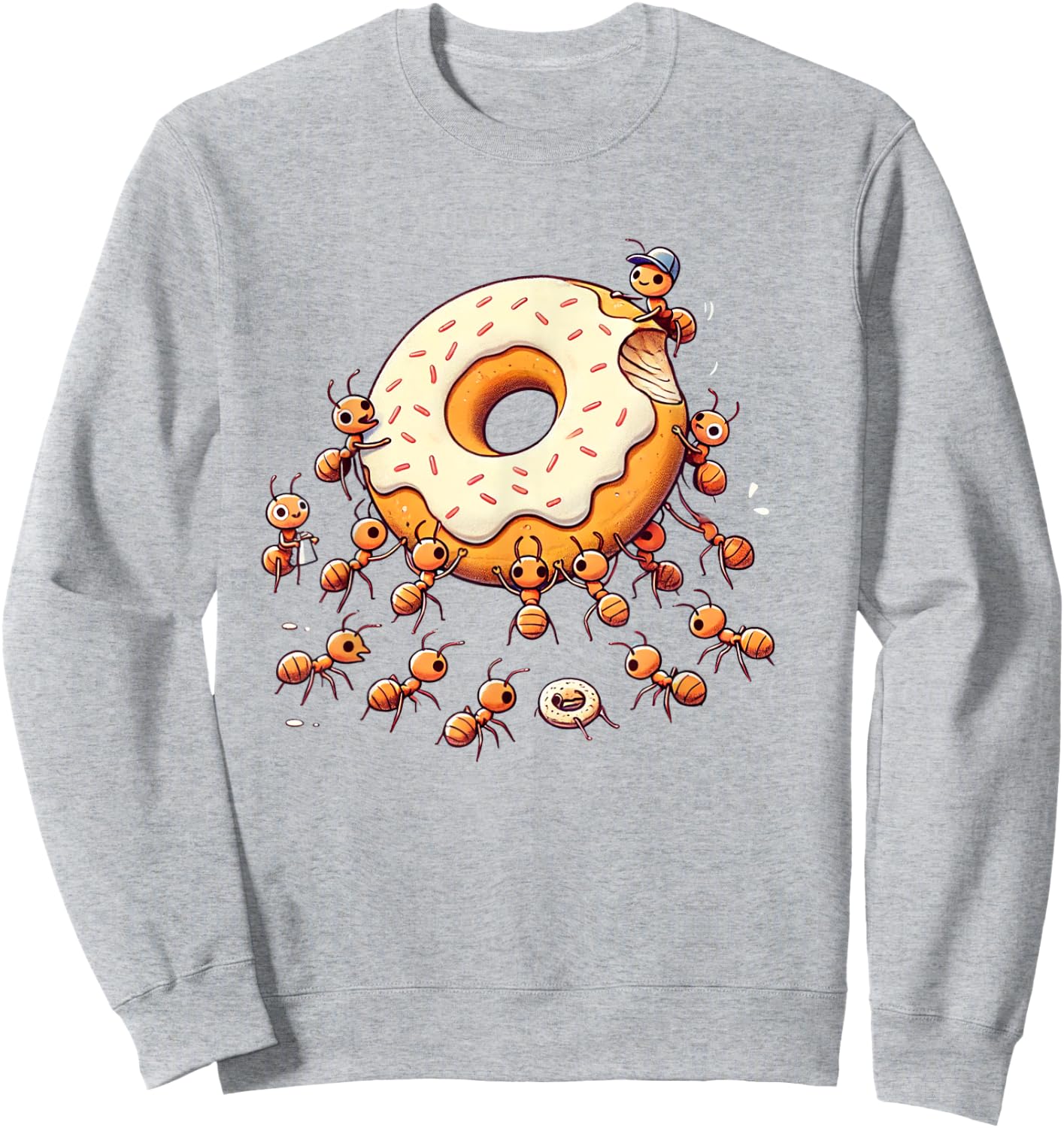 Cute Ants Carrying Giant Donut Funny Foodie Graphic Sweatshirt - Sweatshirt | Ash