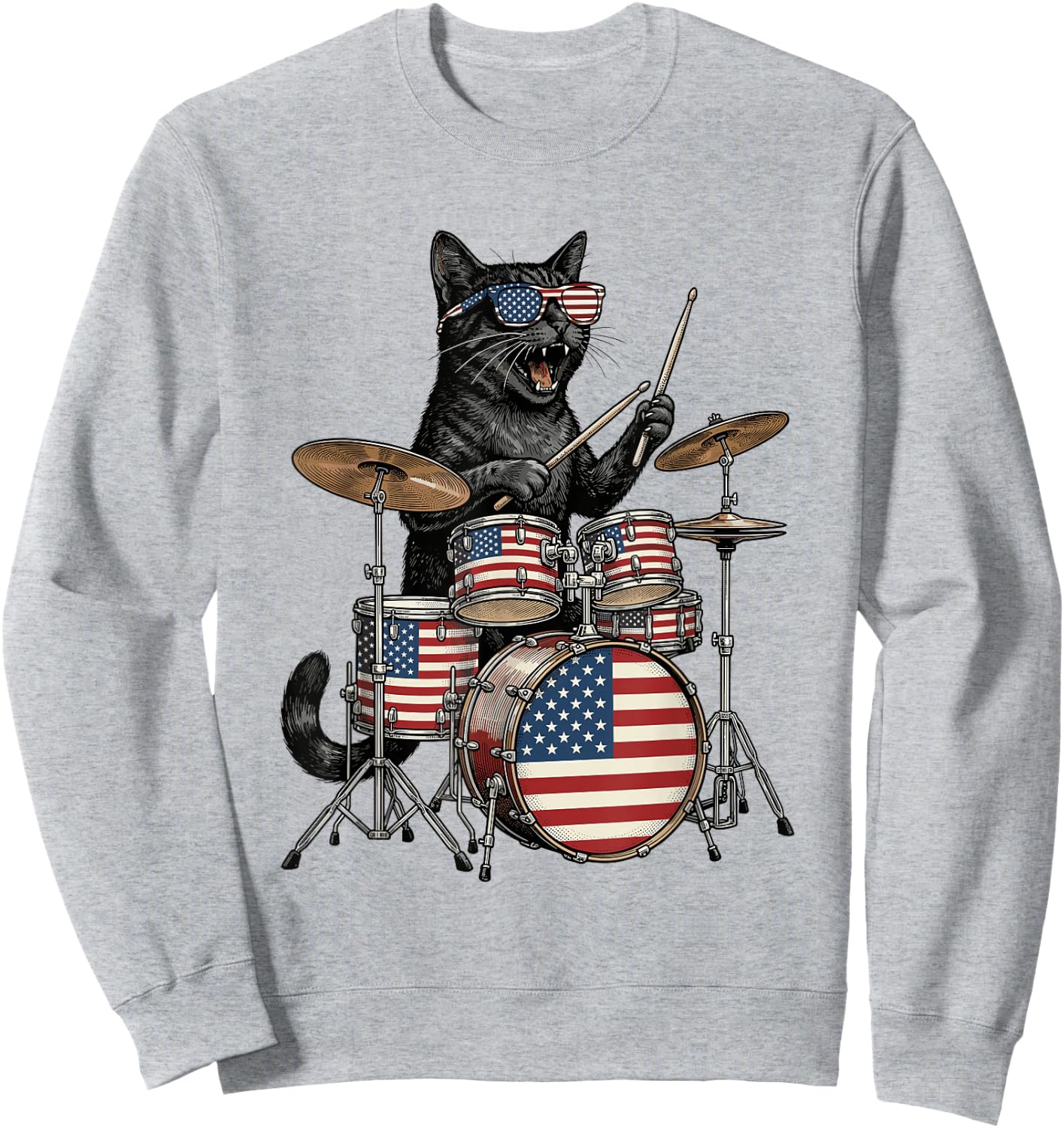 Cat Playing Drums American Flag Drumset 4th of July Drummer Sweatshirt - Sweatshirt | Ash