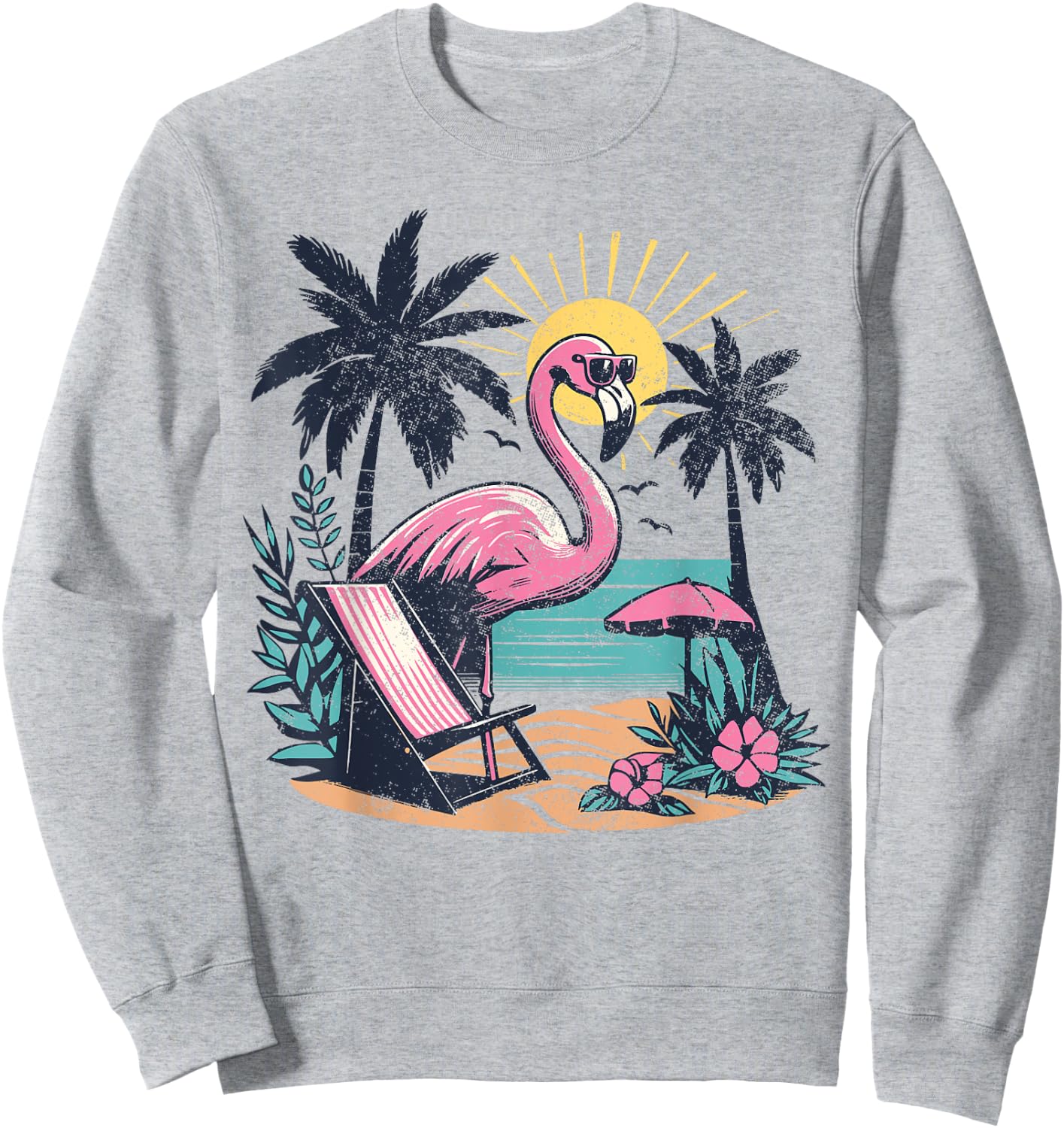 Flamingo Beach Palm Trees Tropical Summer Vacation Men Women Sweatshirt - Sweatshirt | Ash