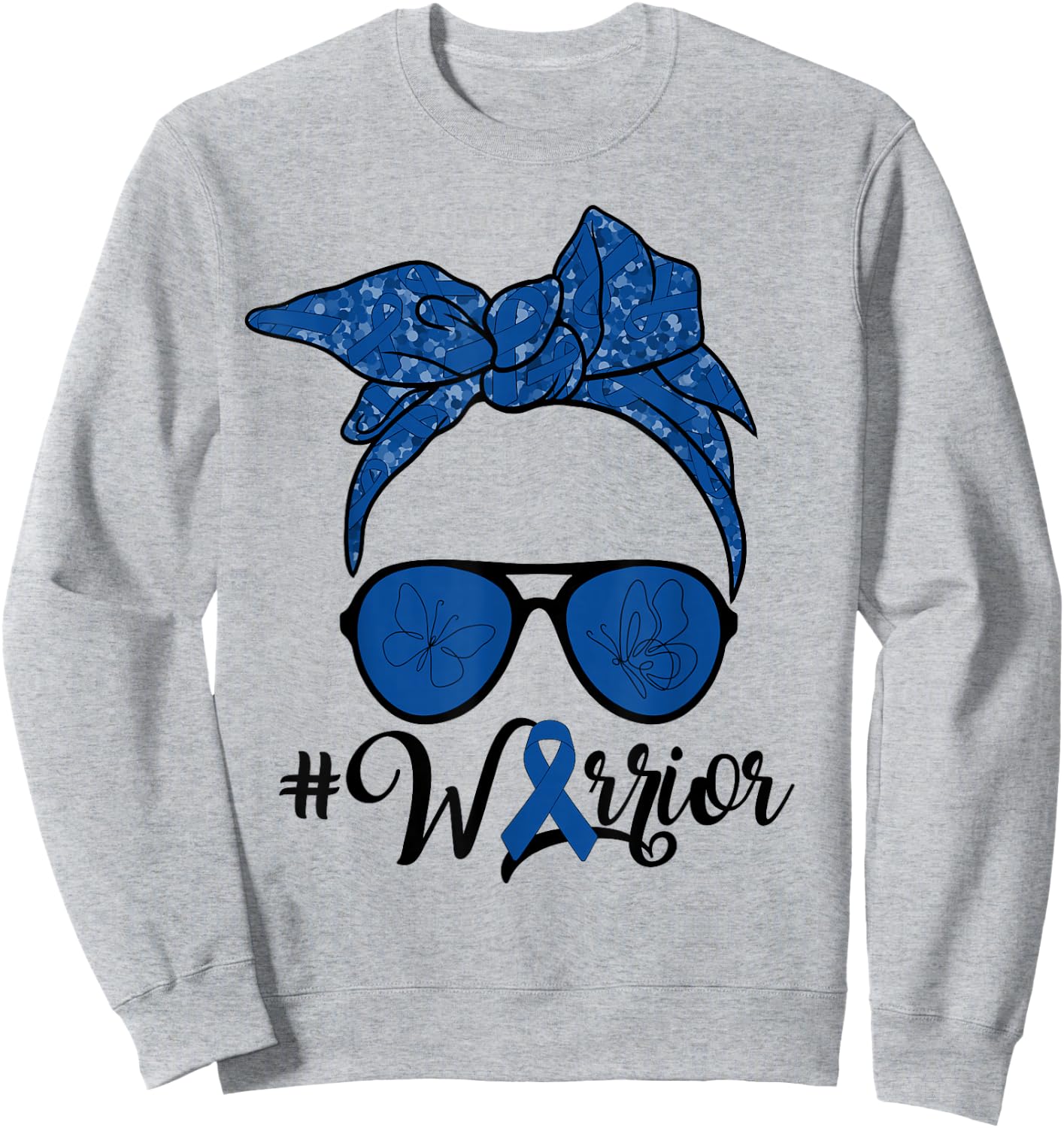 Messy Bun Woman With Dark Blue Ribbon Colon Cancer Warrior Sweatshirt - Sweatshirt | Ash