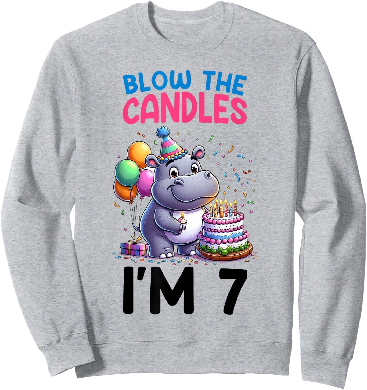 Hippo Kids 7th Birthday Party Boy 7 Year Old Bday Girl Sweatshirt - Sweatshirt | Ash