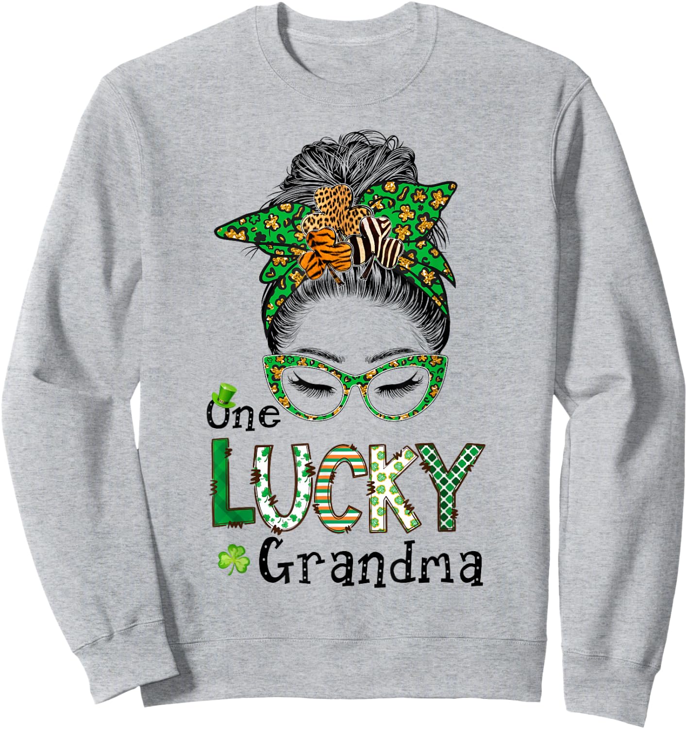 One Lucky Grandma Messy Bun St. Patrick's Day Plaid Leopard Sweatshirt - Sweatshirt | Ash