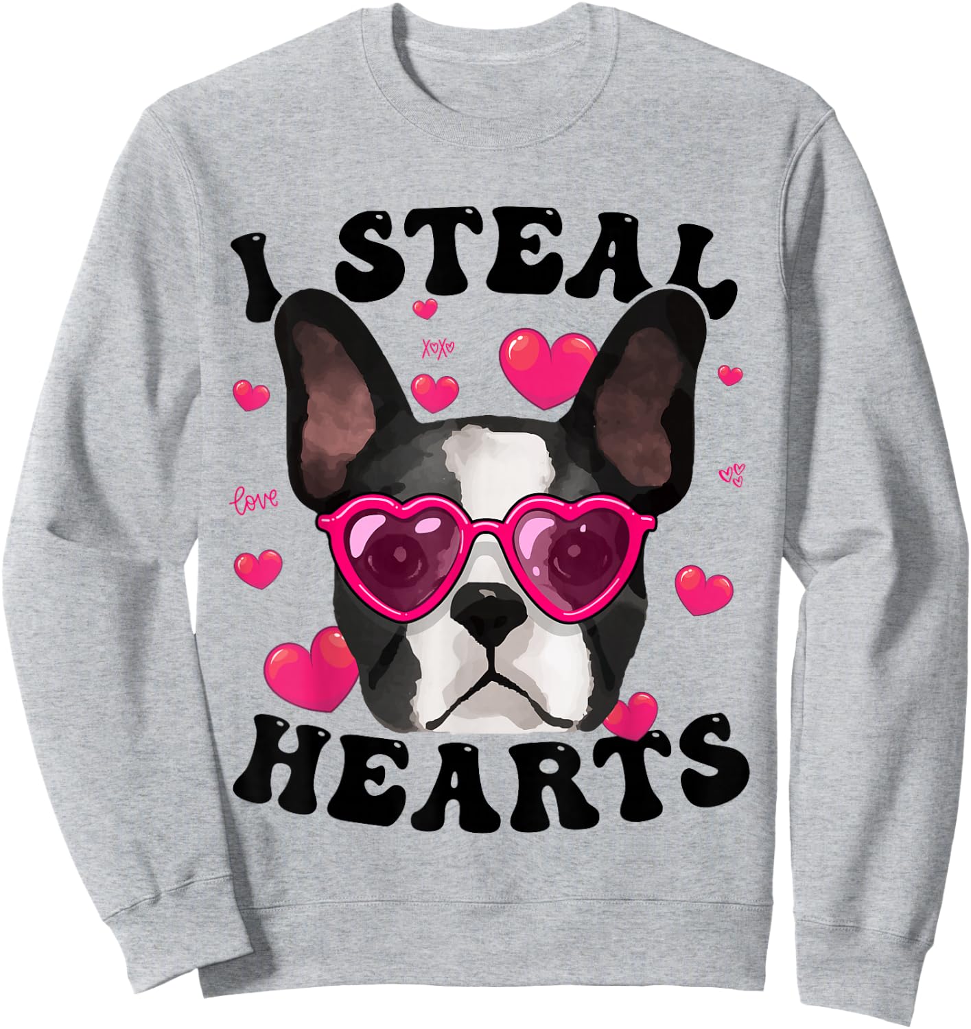 Boston Terrier Heart Glasses Girls Bostie Valentines Day Sweatshirt - Sweatshirt | Ash