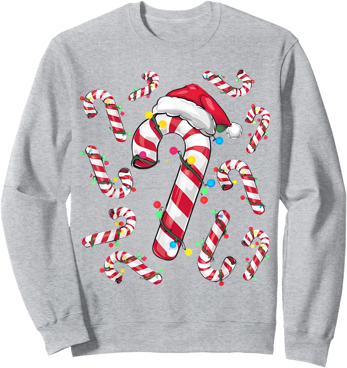 Cute Christmas Candy Cane Santa Hat and Christmas Lights Sweatshirt - Sweatshirt | Ash