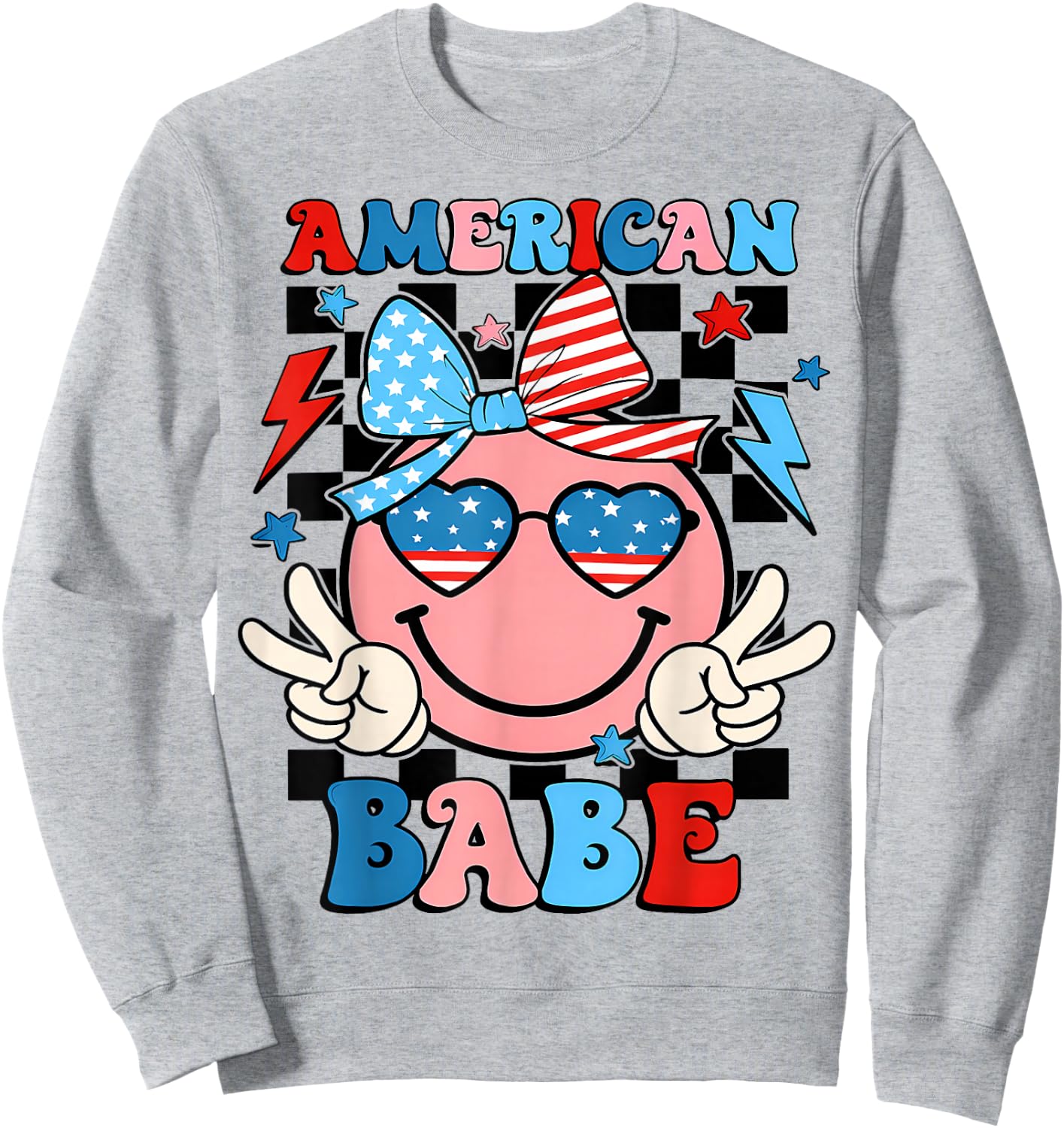 Checkered American Dude US Flag Bow Girl 4th of July Sweatshirt - Sweatshirt | Ash