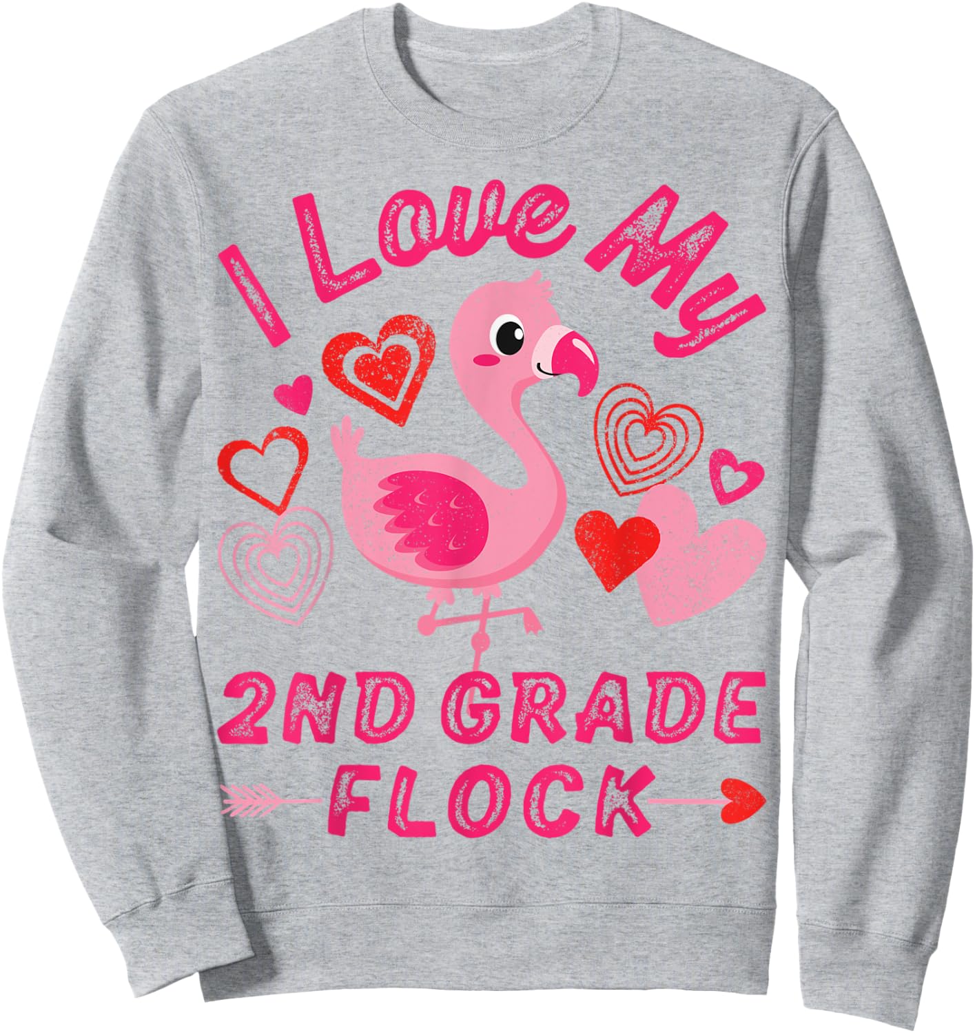 Love My 2nd Grade Flock Flamingo Second Grade Heart Teacher Men Women Sweatshirt - Sweatshirt | Ash