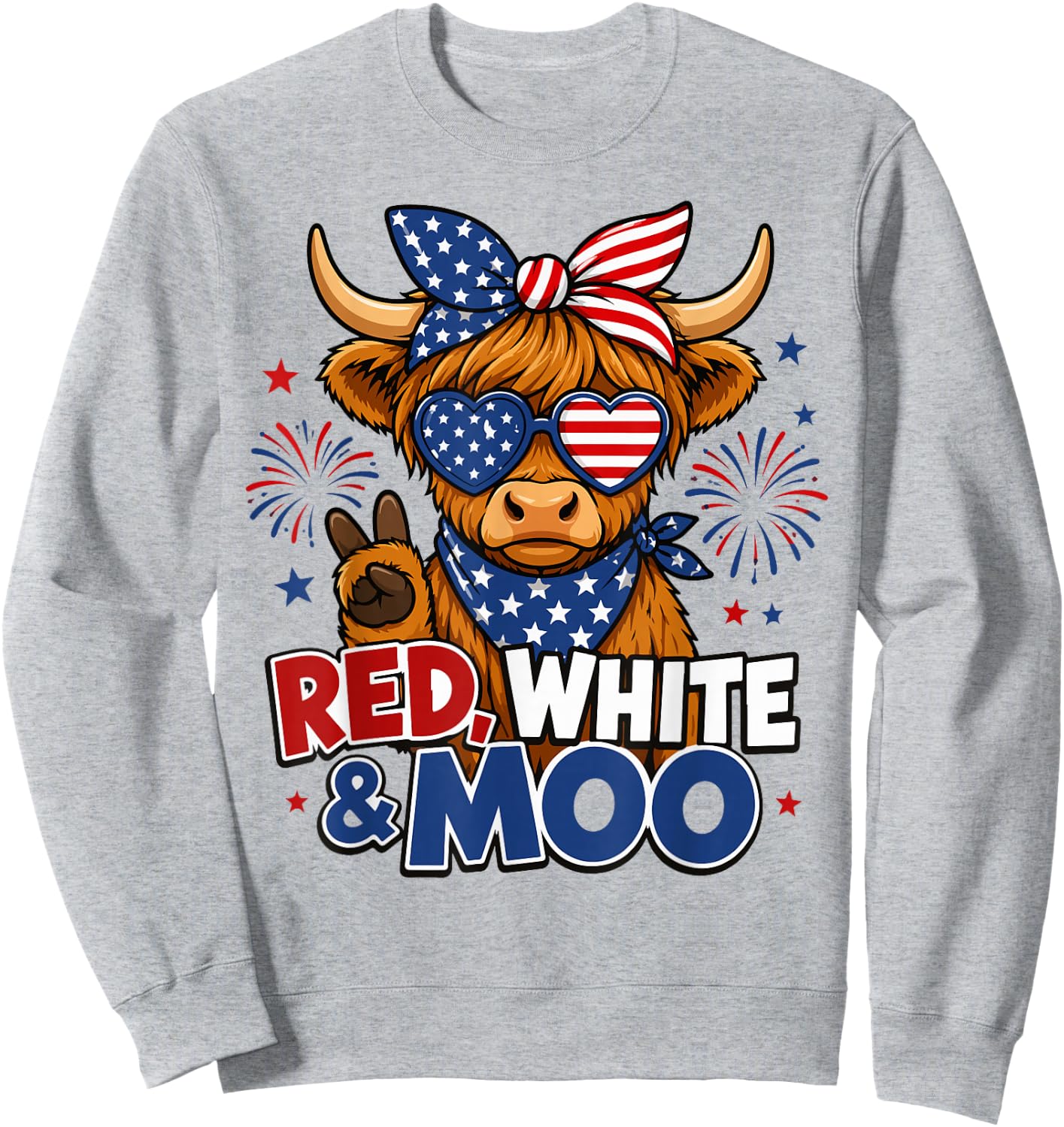 Red White & Moo Highland Cow 4th of July American Flag Women Sweatshirt - Sweatshirt | Ash