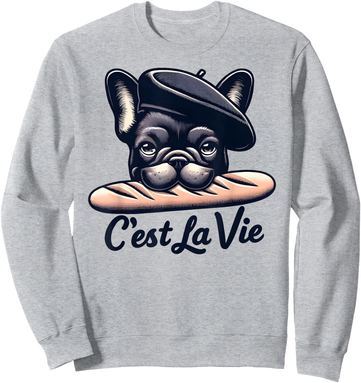French Bulldog C'est La Vie Baguette Humour Beret Art , white, S Sweatshirt - Sweatshirt | Ash