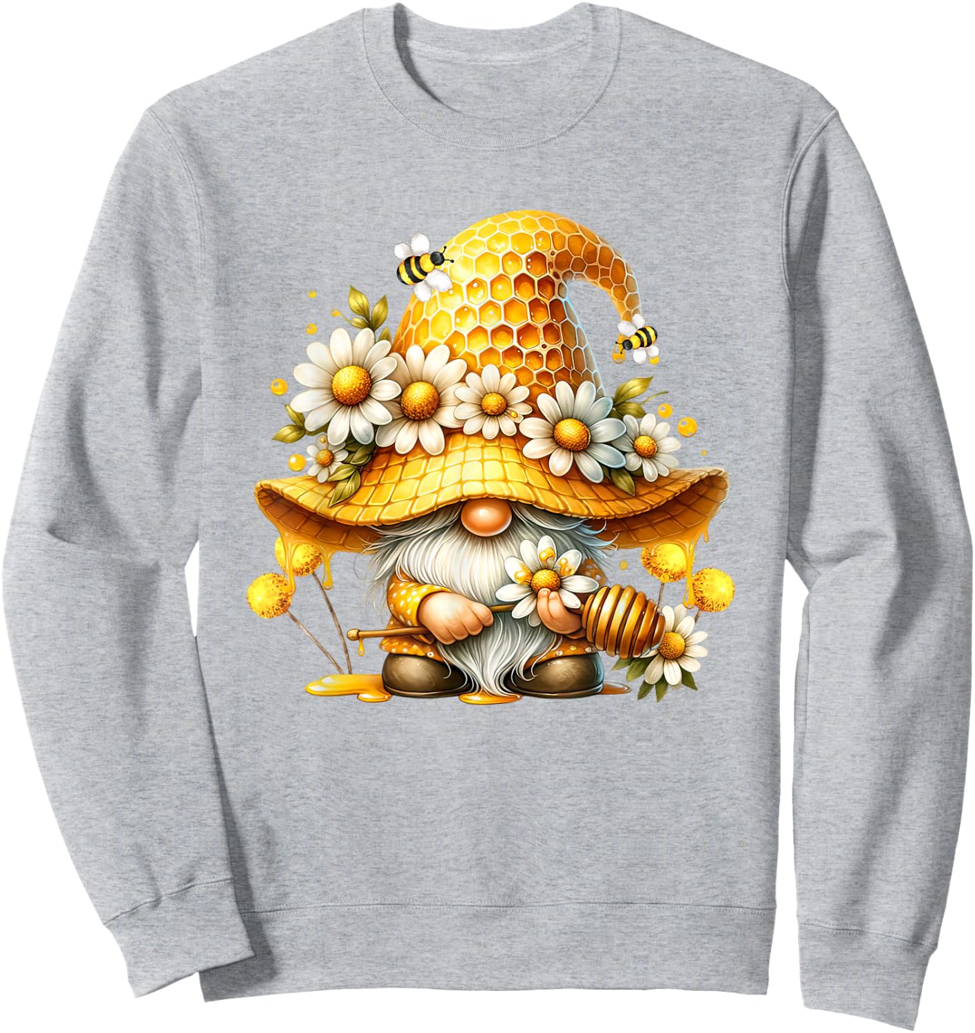 Unique Hippie Gnome Graphic With Daisy Flower And Honey Bees Sweatshirt - Sweatshirt | Ash
