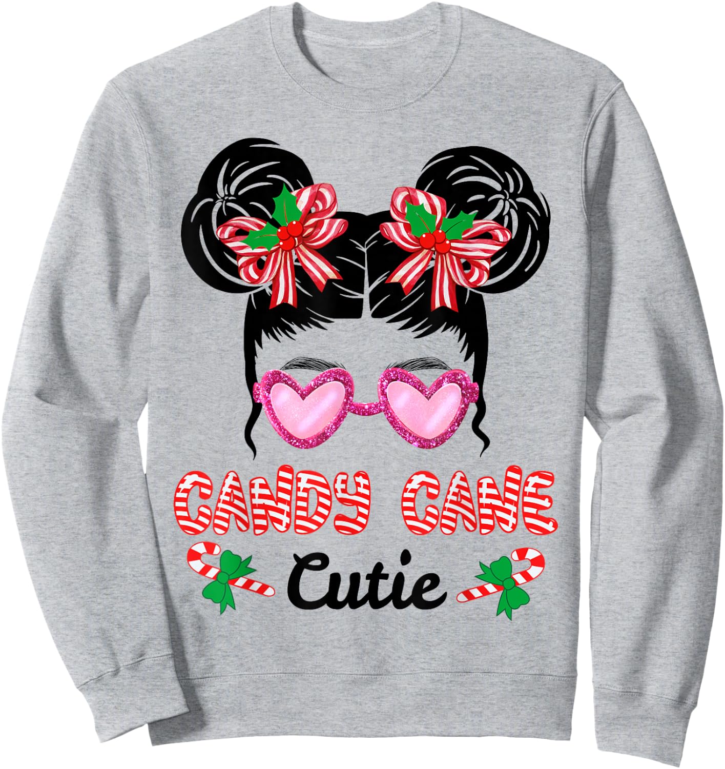 Christmas Candy Cane Cutie Messy Bun Girls Kids Xmas Pajama Sweatshirt - Sweatshirt | Ash
