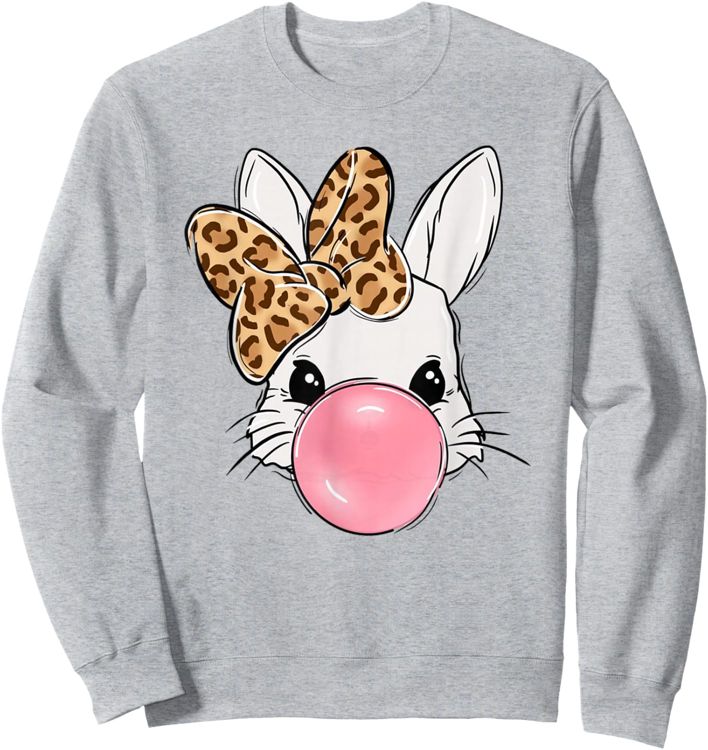 Cute Bunny Face with Leopard Bow Bubblegum Easter Day Girls Sweatshirt - Sweatshirt | Ash