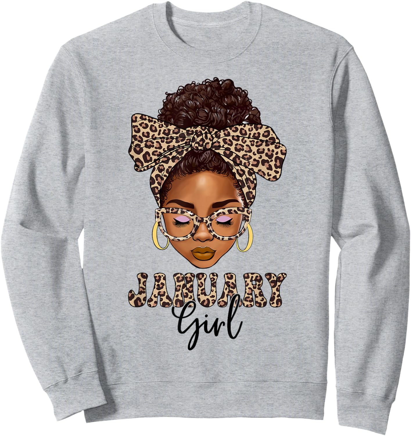 January Girls Messy Bun Leopard Black Women Birthday Sweatshirt - Sweatshirt | Ash