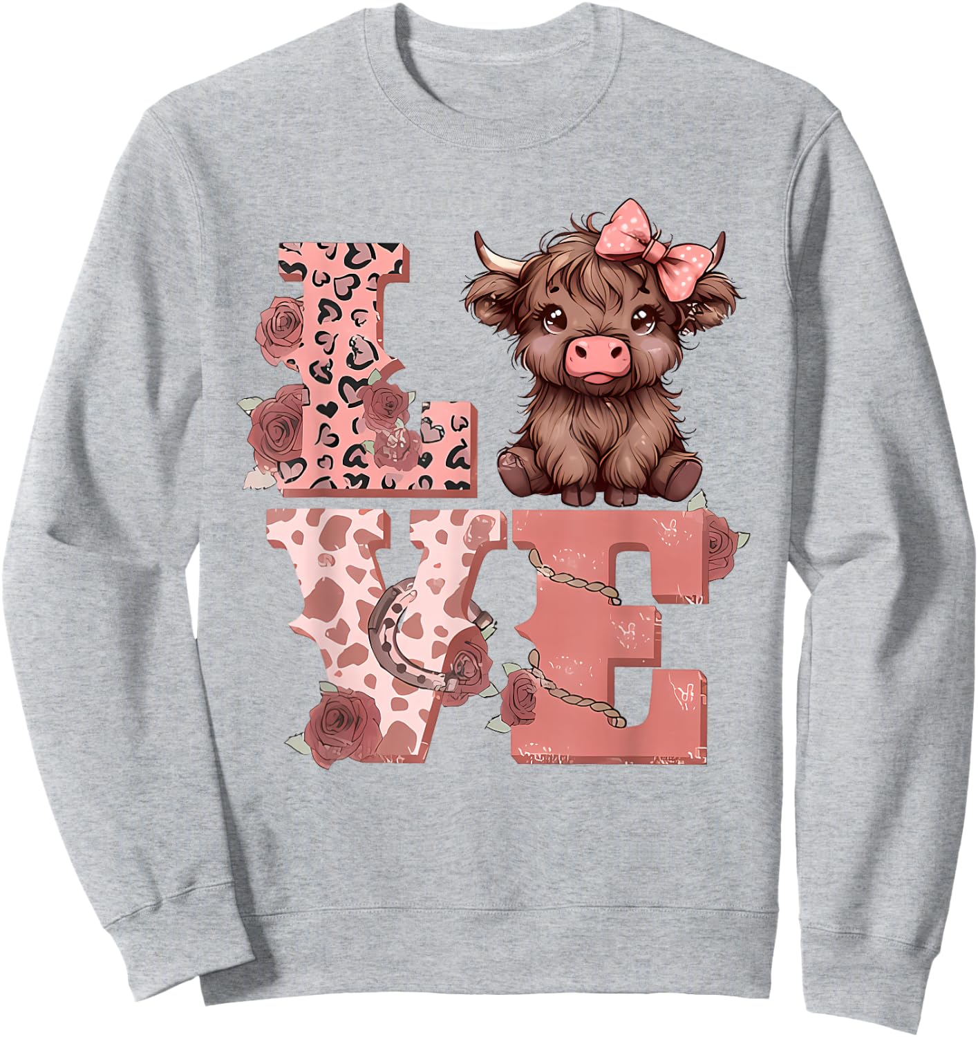 Valentine Highland Cow Love Animal Cute Cow Heart Bandana Sweatshirt - Sweatshirt | Ash