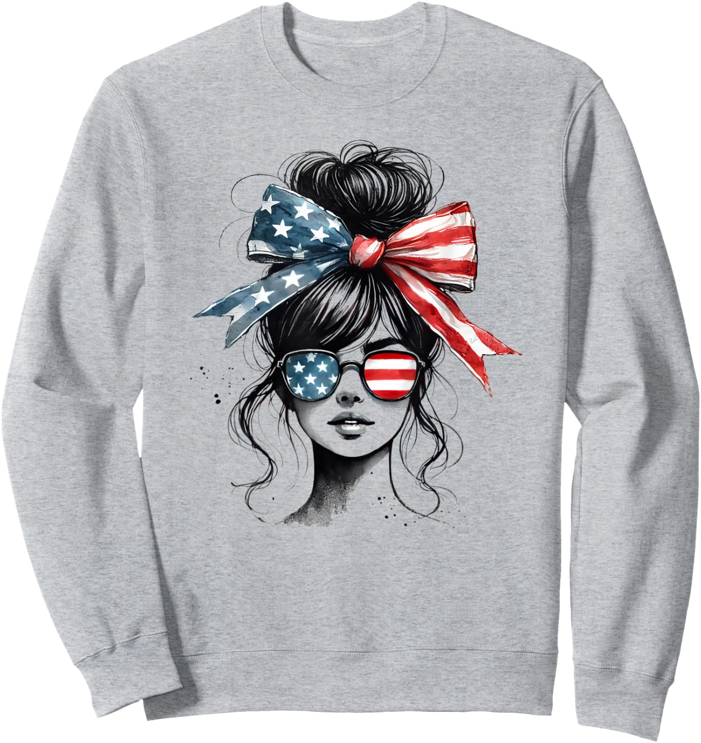 Messy Bun Girl Wearing Sunglasses American Flag Sweatshirt - Sweatshirt | Ash