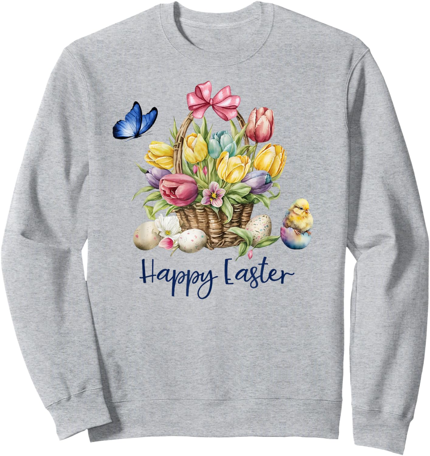 Happy Easter Flower Basket with Baby Chick Butterfly Easter Sweatshirt - Sweatshirt | Ash