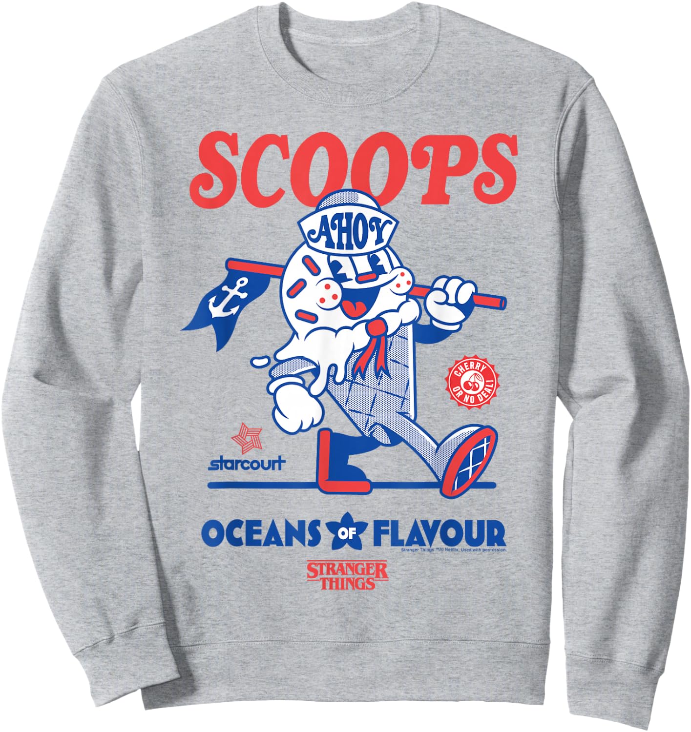 Stranger Things Scoops Ahoy Ice Cream Shop in Red/Blue , White Sweatshirt - Sweatshirt | Ash