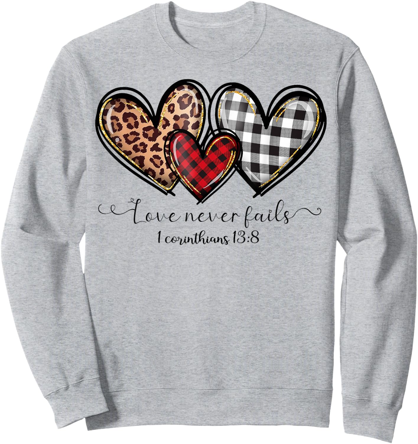 Love Never Fails Buffalo Leopard Red Plaid Print Heart Women Sweatshirt - Sweatshirt | Ash