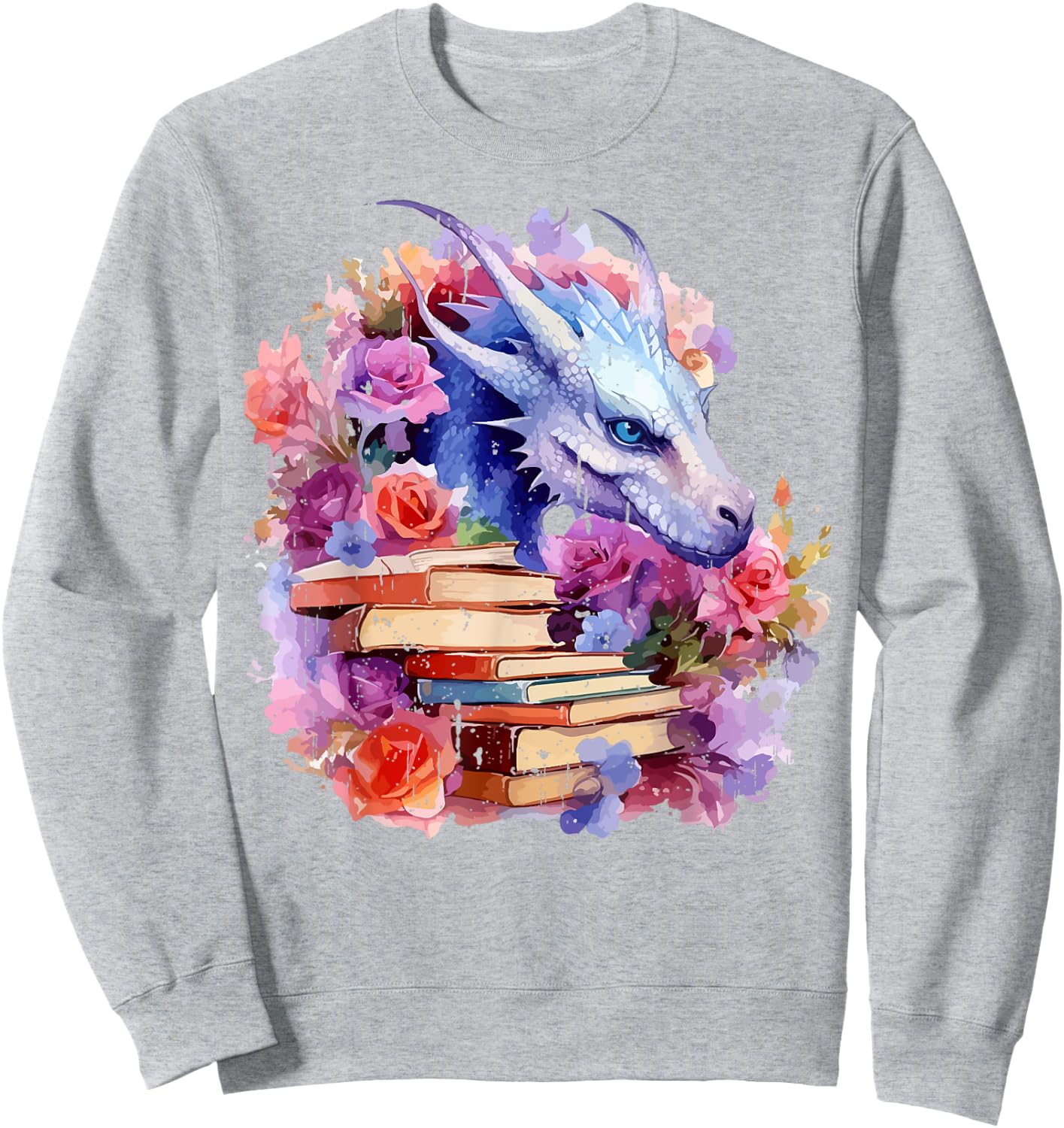 Dragons and Books Watercolor Flowers Fantasy Dragon Lover Sweatshirt - Sweatshirt | Ash