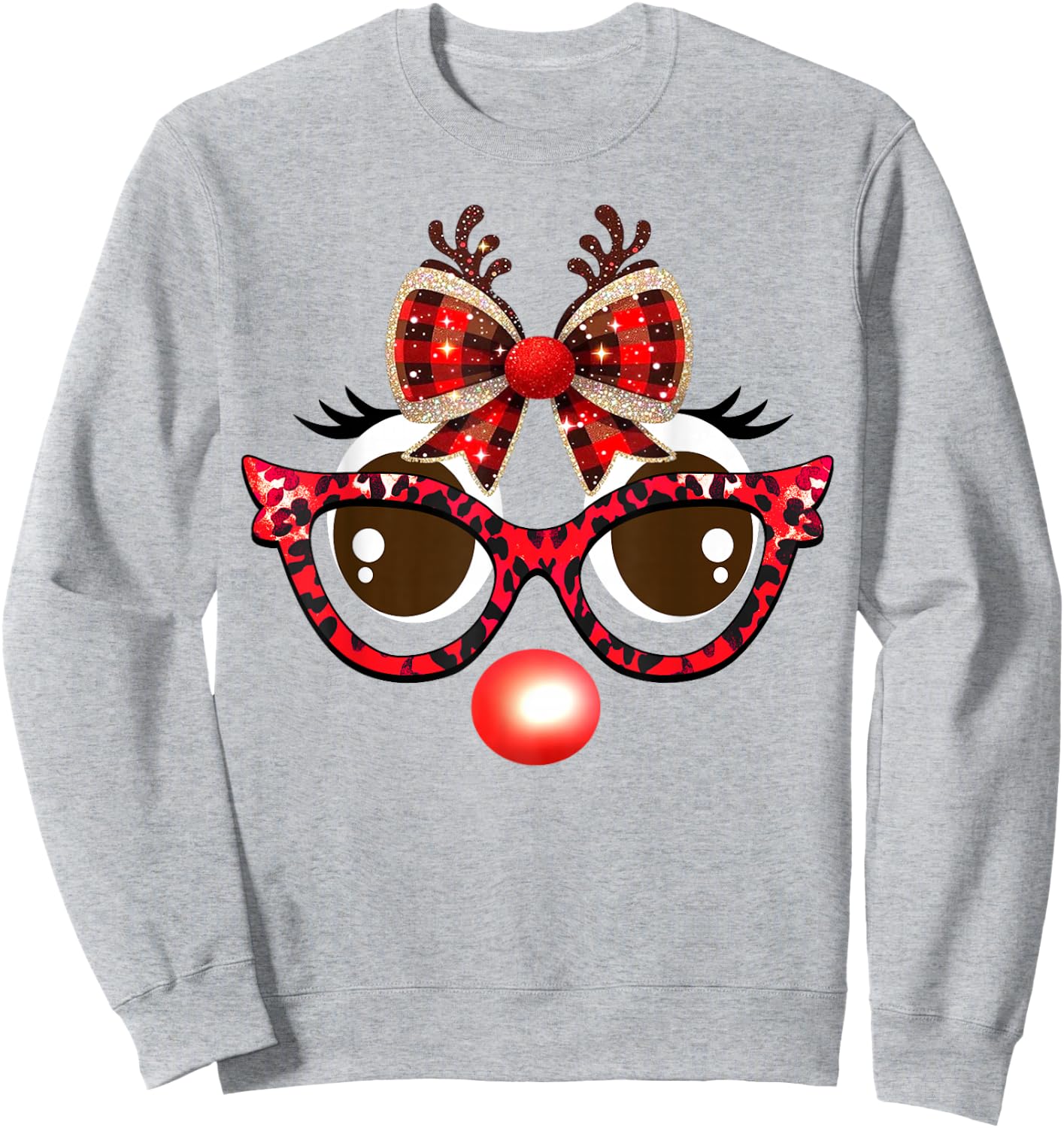 Funny Reindeer Face Leopard Sunglasses Plaid Christmas Light Sweatshirt - Sweatshirt | Ash